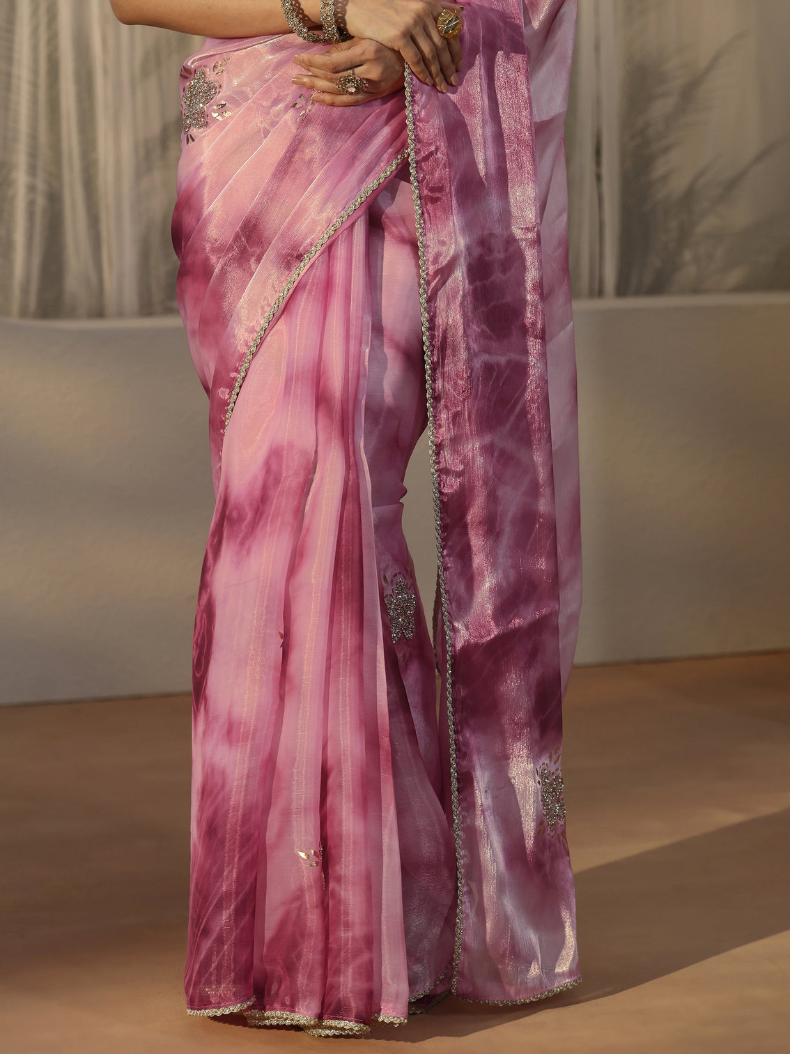 Mameraa Pink Floral Embellished Tissue Saree
