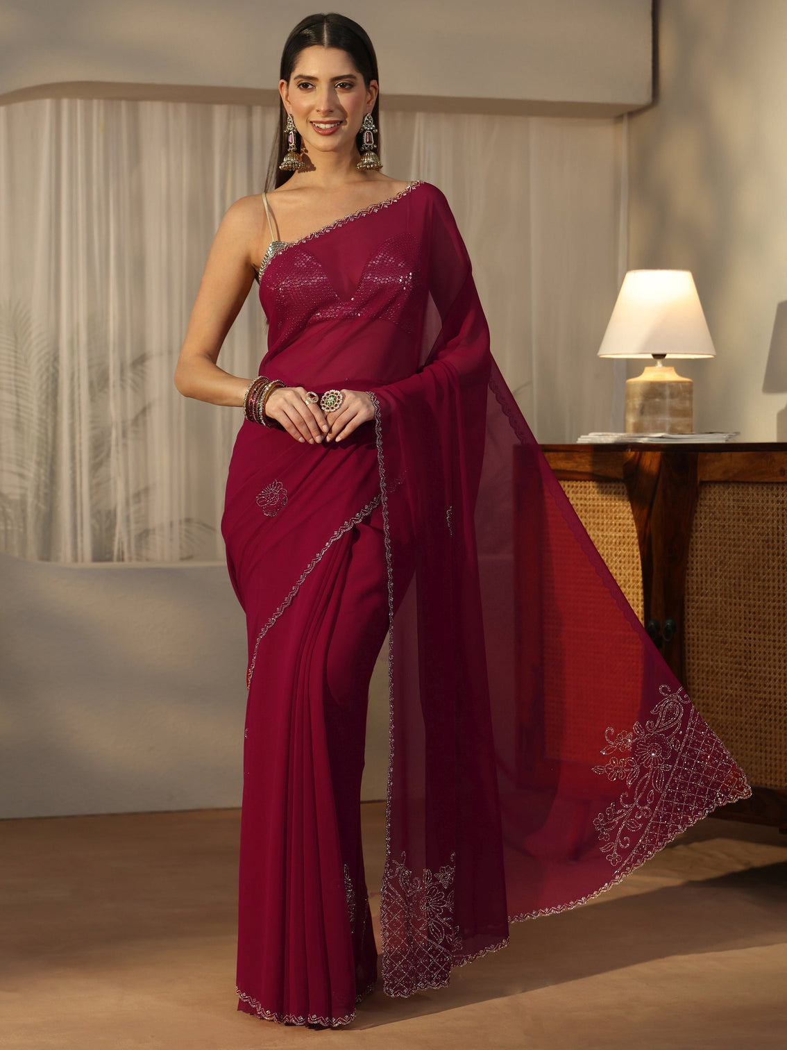 Mameraa Pink Floral Embellished Georgette Saree