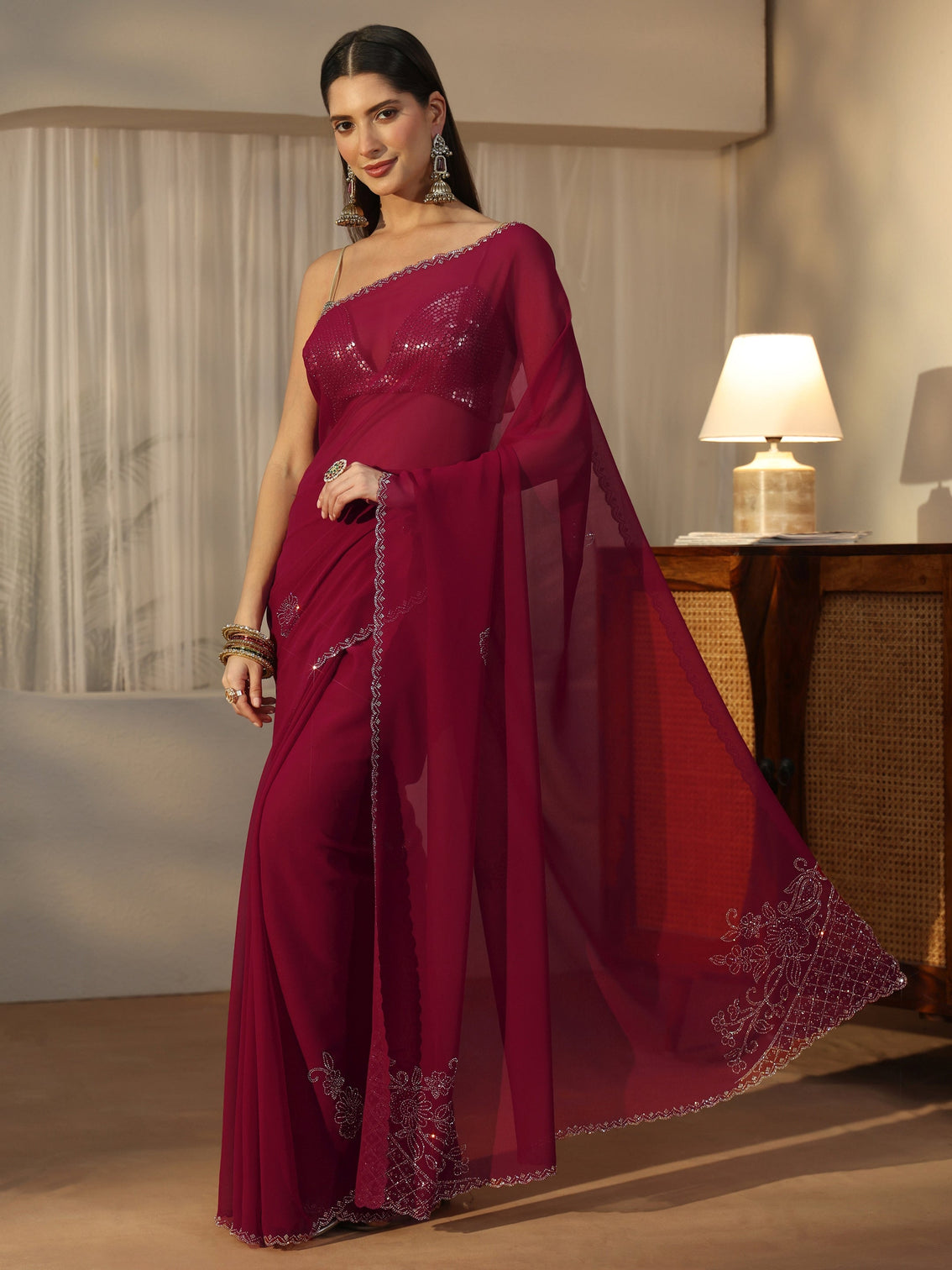 Mameraa Pink Floral Embellished Georgette Saree