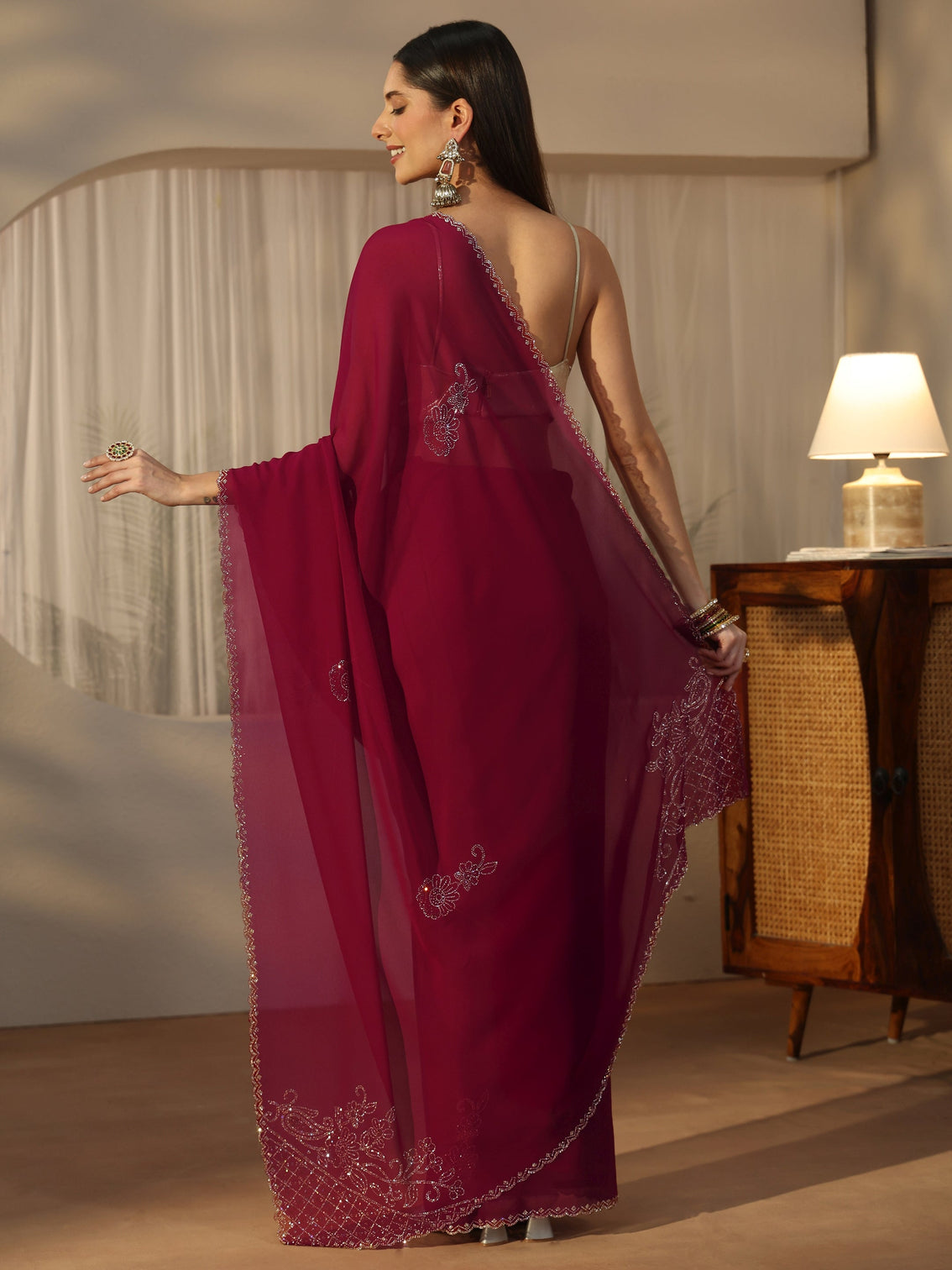 Mameraa Pink Floral Embellished Georgette Saree