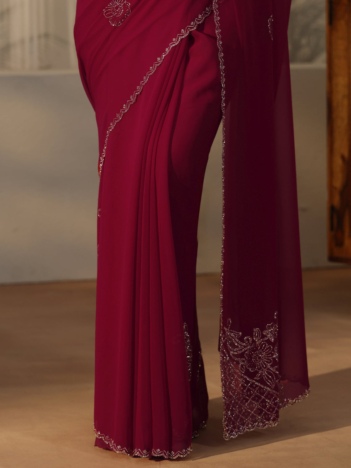Mameraa Pink Floral Embellished Georgette Saree
