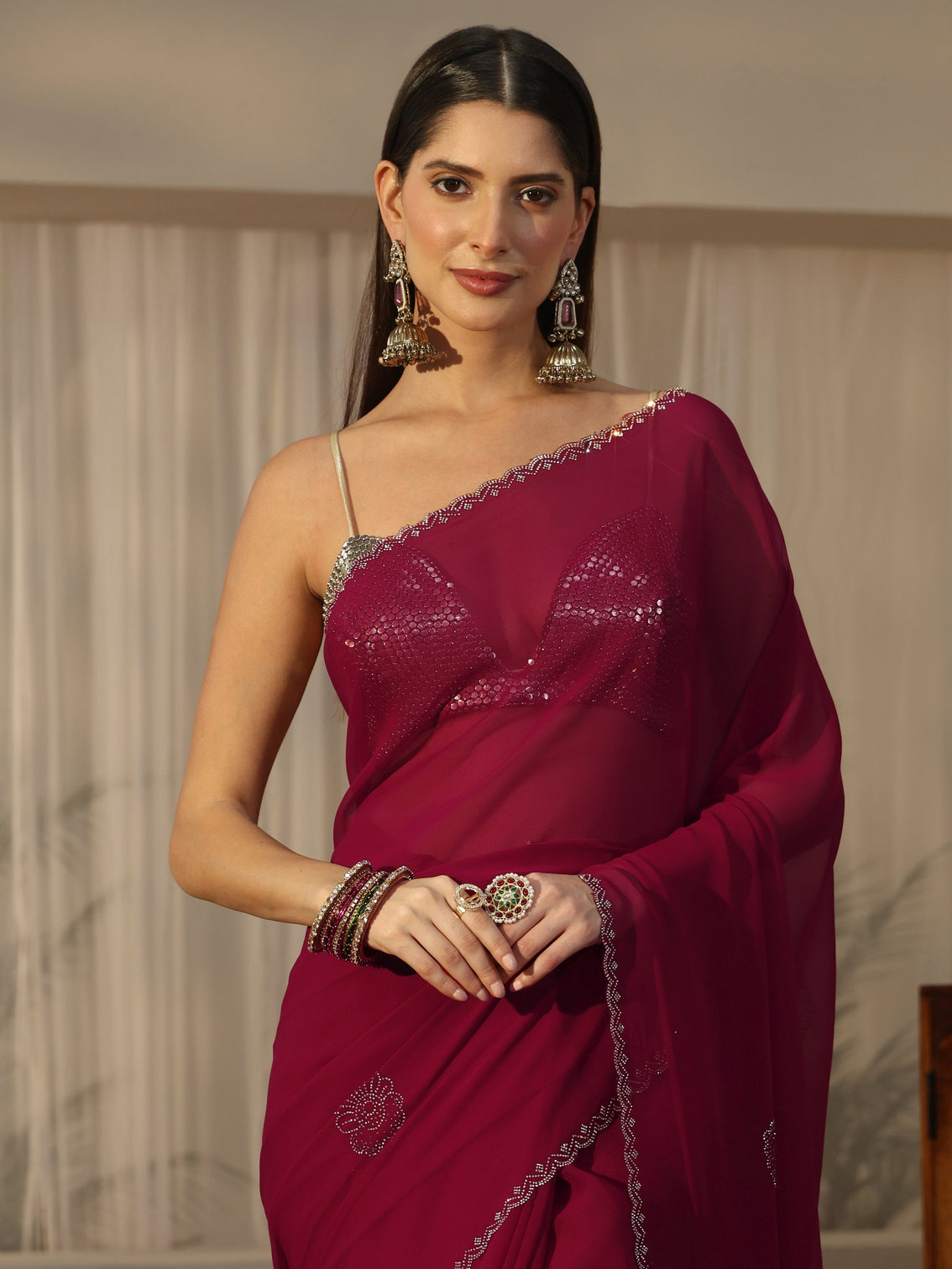 Mameraa Pink Floral Embellished Georgette Saree