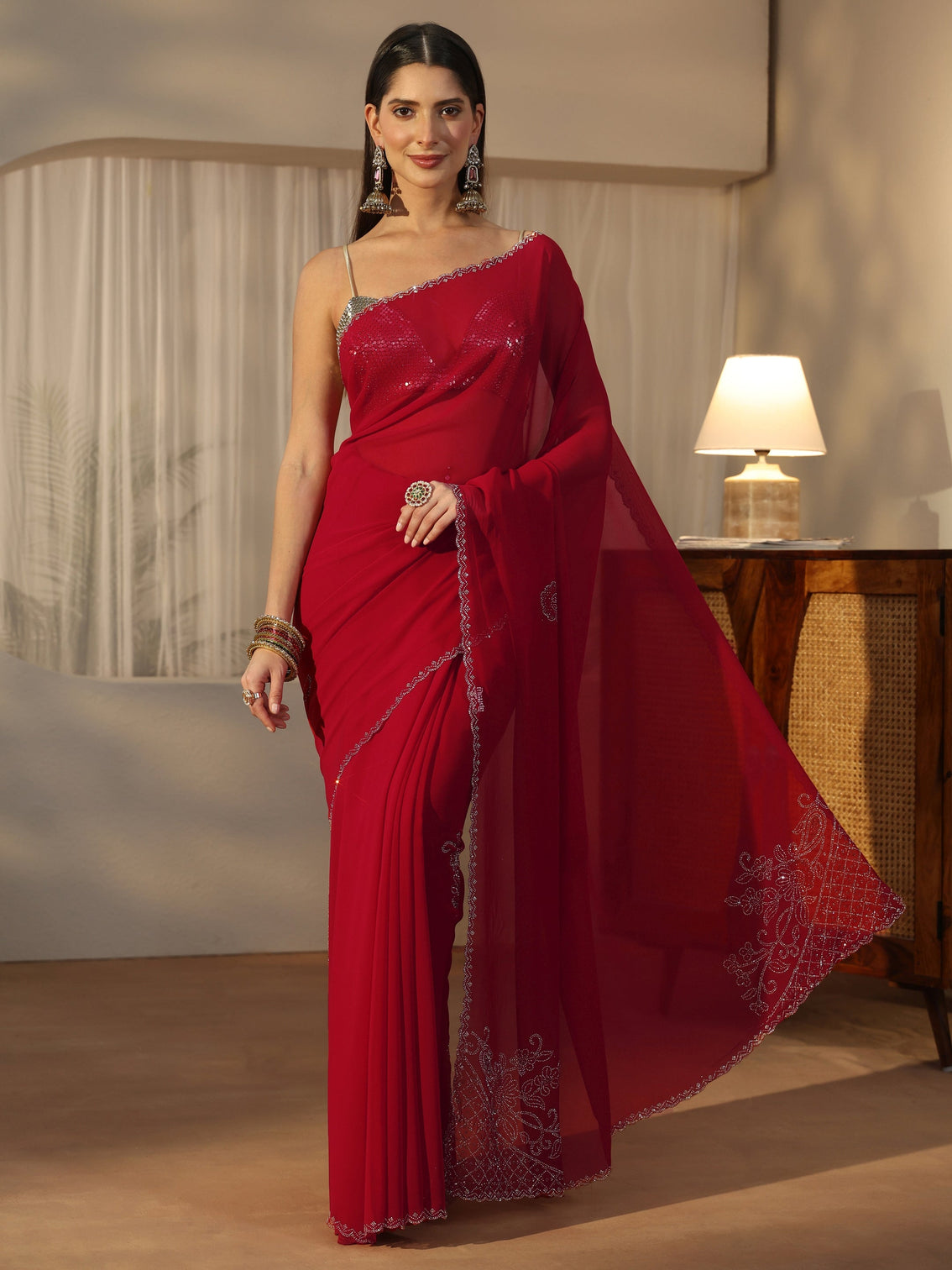 Mameraa Crimson Red Floral Embellished Georgette Saree