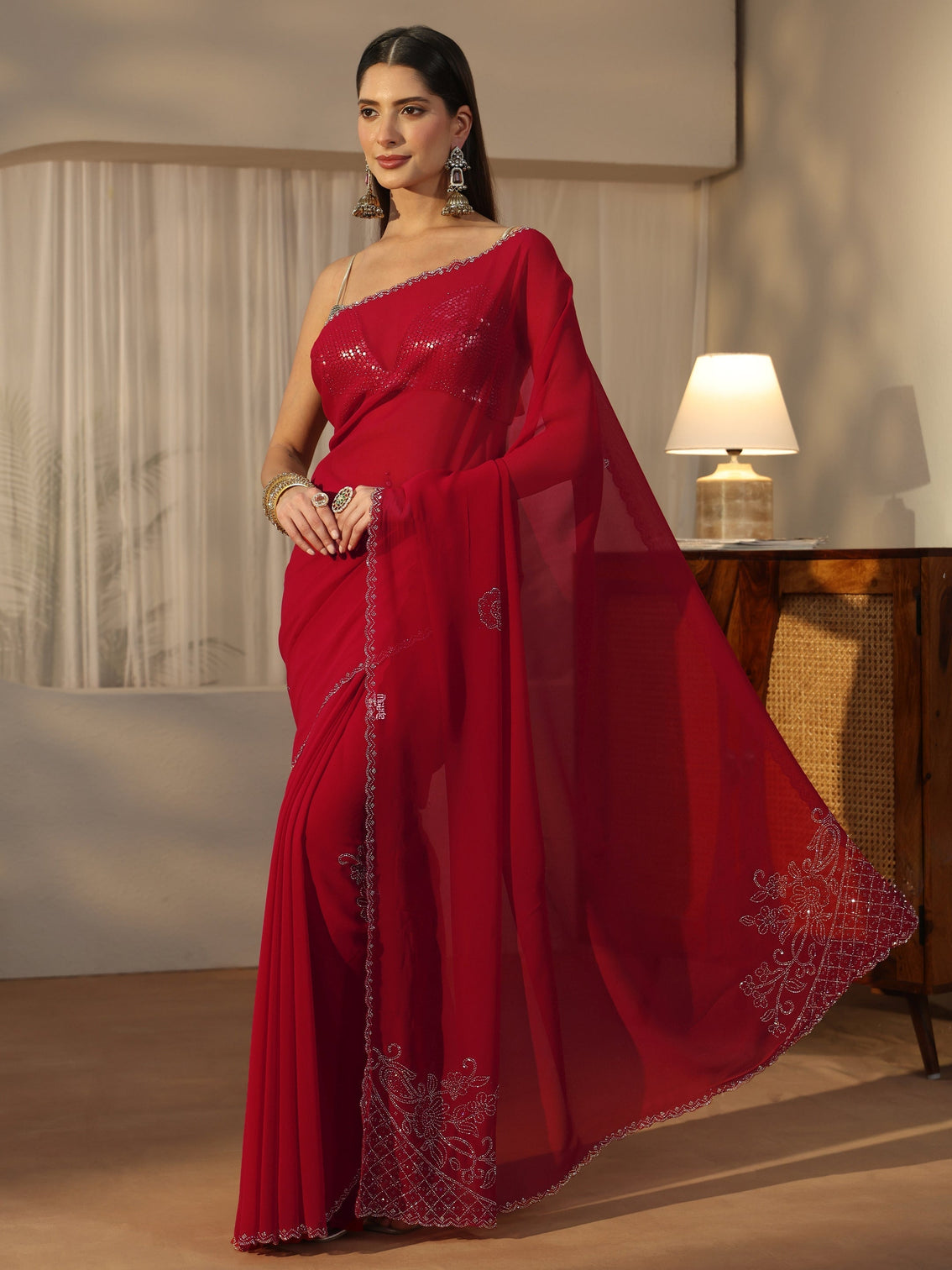 Mameraa Crimson Red Floral Embellished Georgette Saree