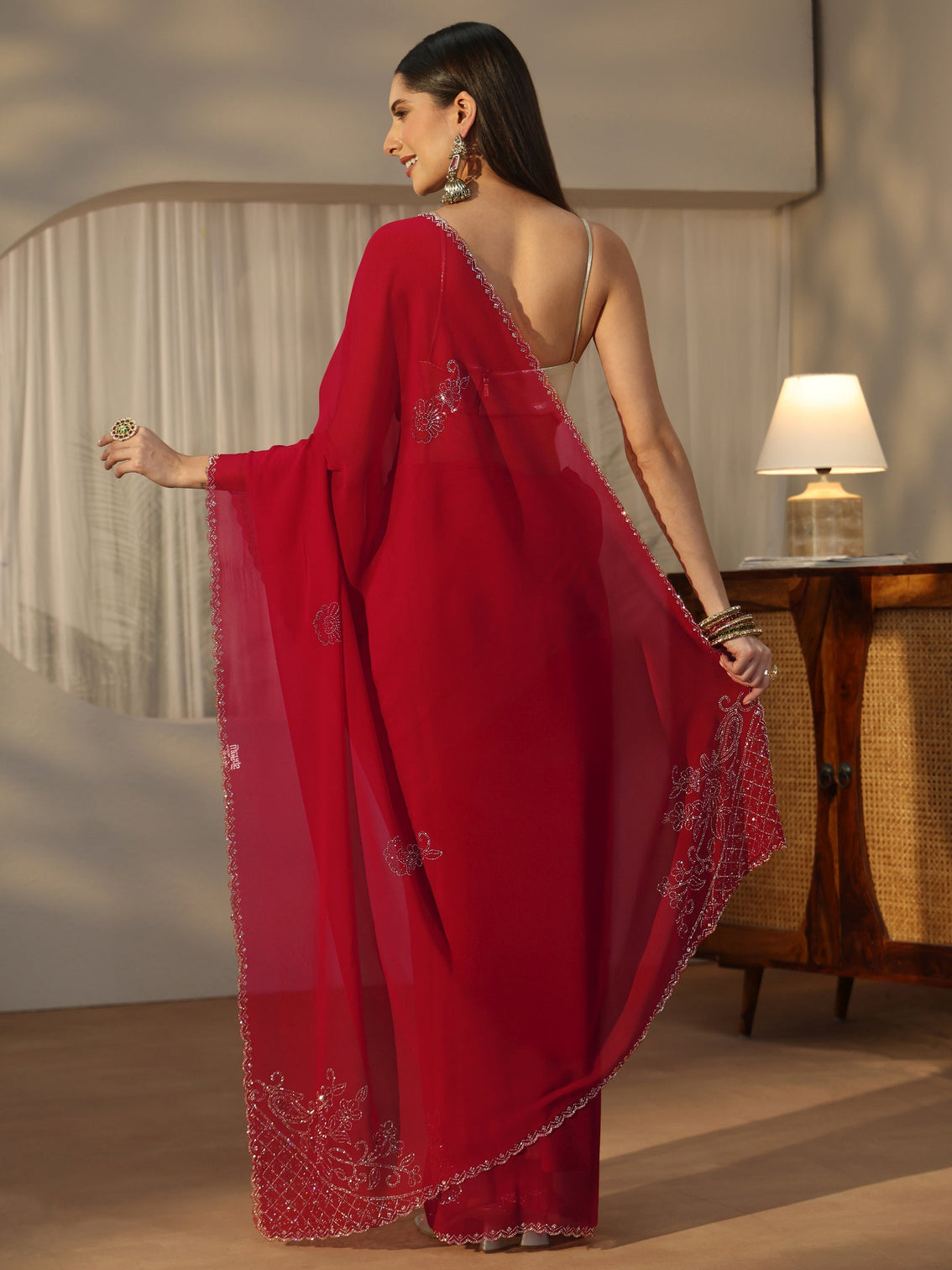 Mameraa Crimson Red Floral Embellished Georgette Saree