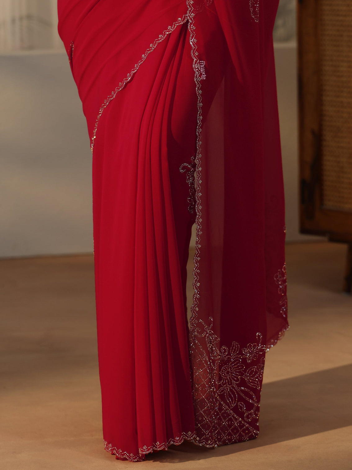 Mameraa Crimson Red Floral Embellished Georgette Saree