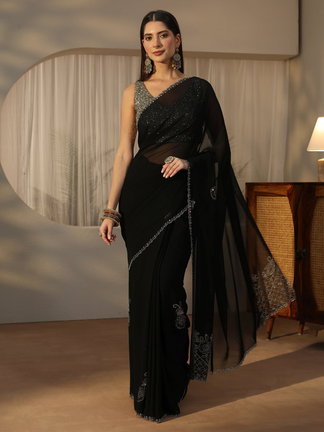 Mameraa Black Floral Embellished Georgette Saree