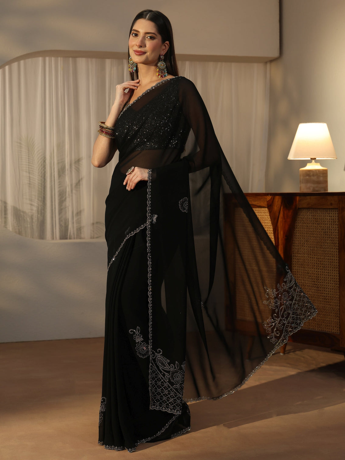 Mameraa Black Floral Embellished Georgette Saree