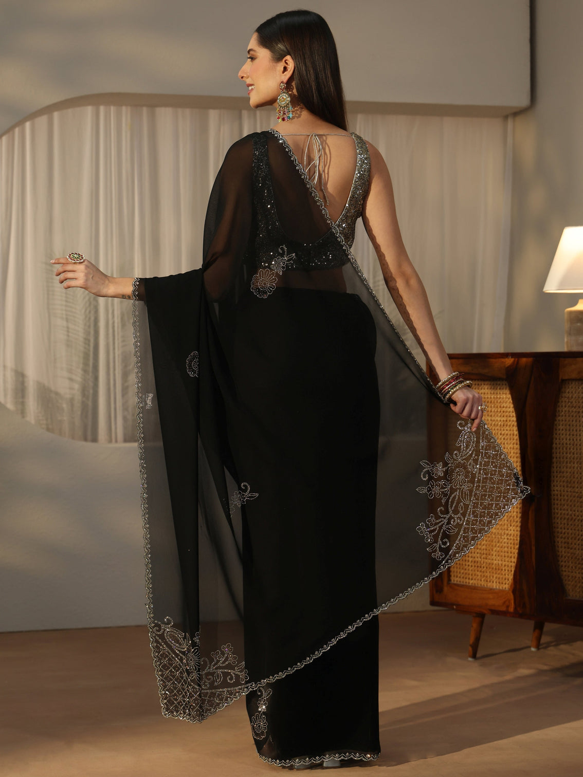 Mameraa Black Floral Embellished Georgette Saree