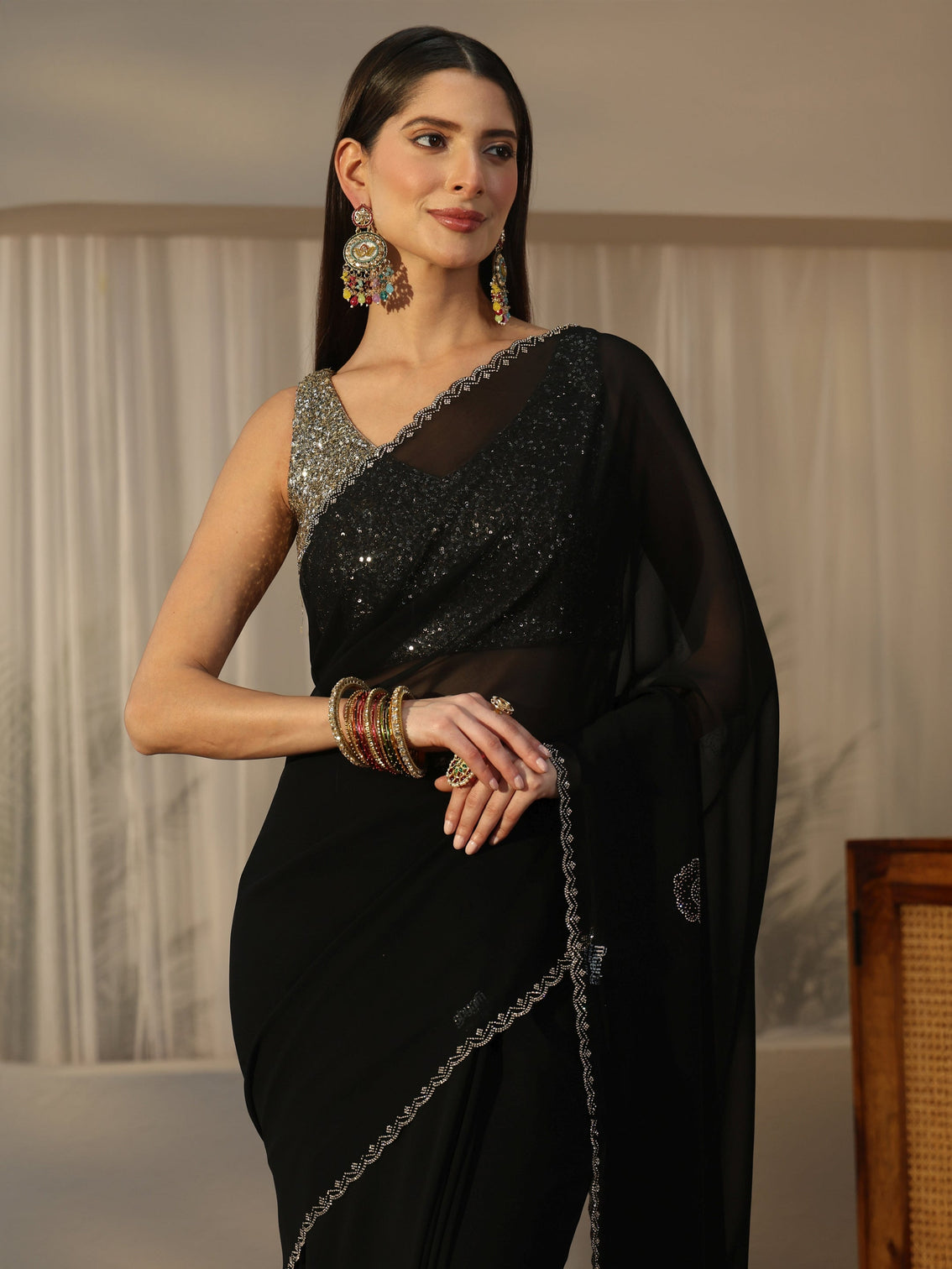 Mameraa Black Floral Embellished Georgette Saree