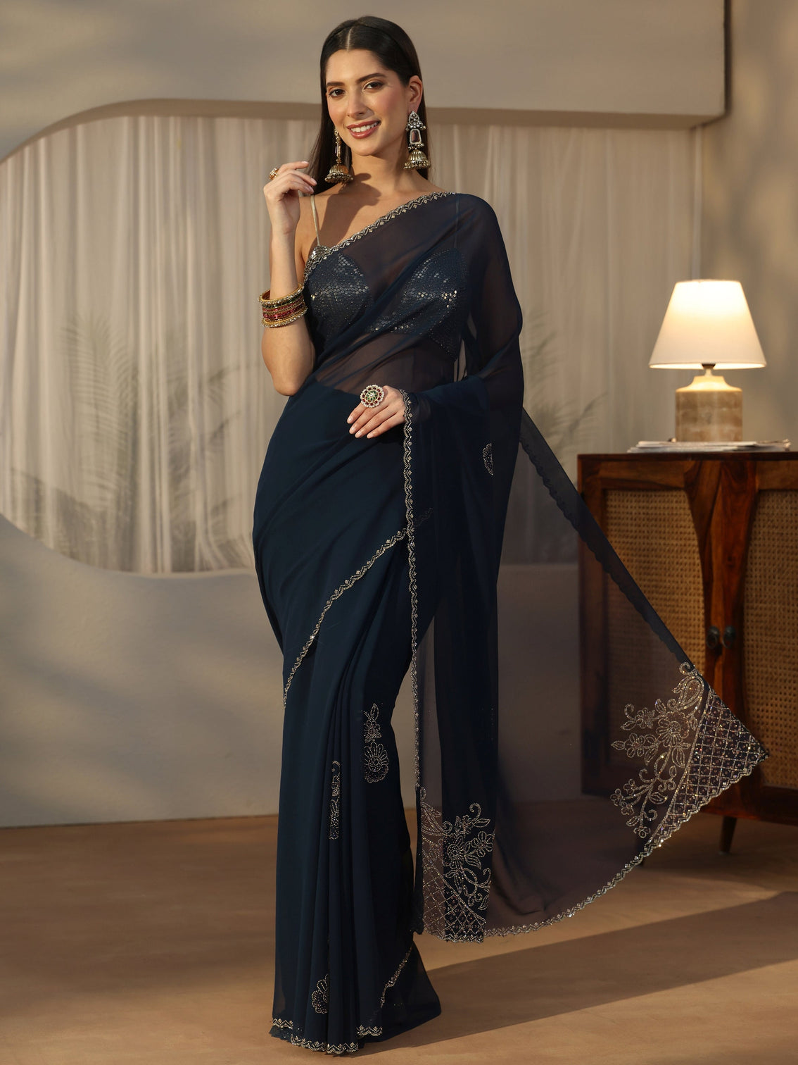 Mameraa Teal Blue Floral Embellished Georgette Saree