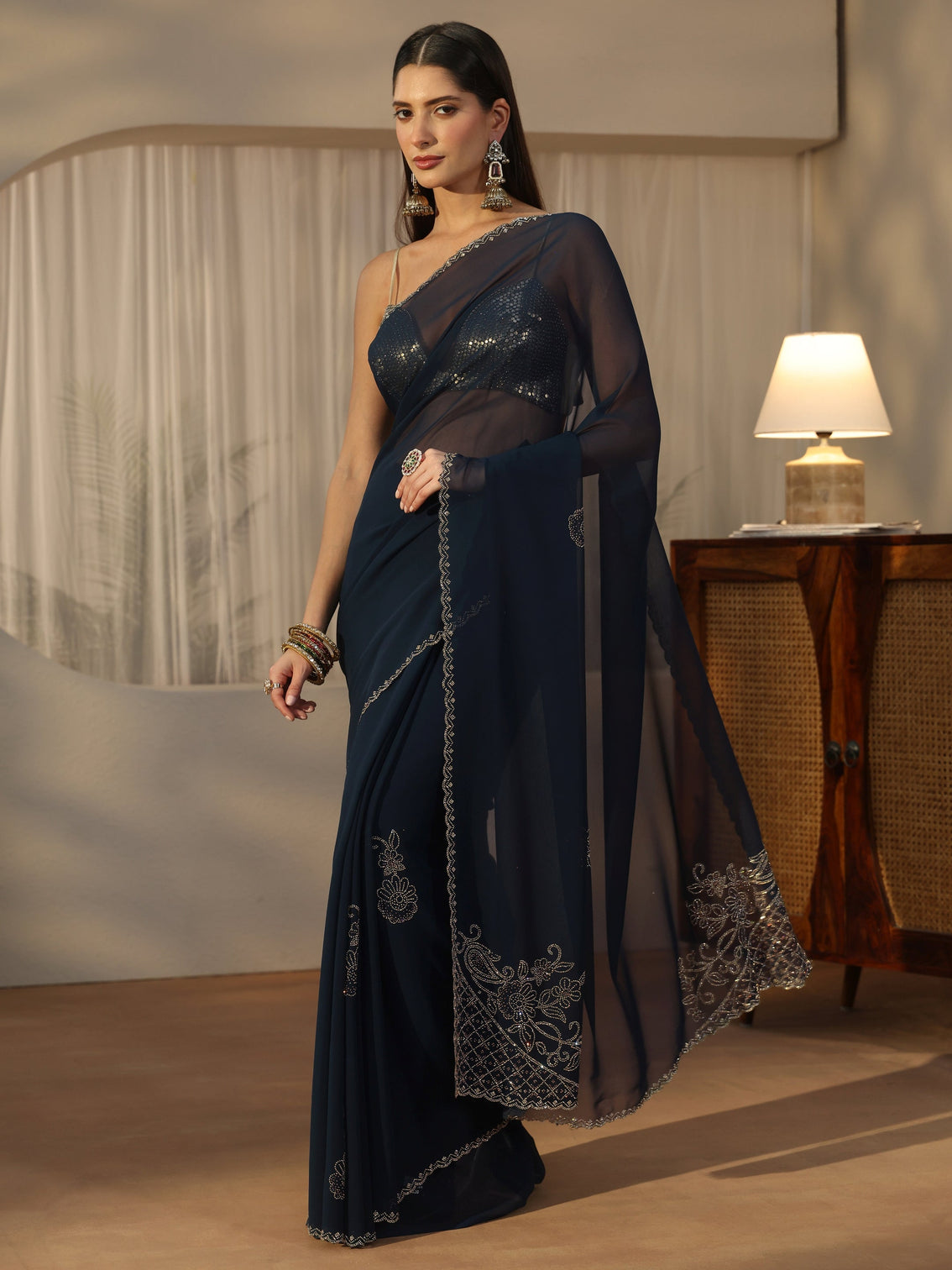 Mameraa Teal Blue Floral Embellished Georgette Saree