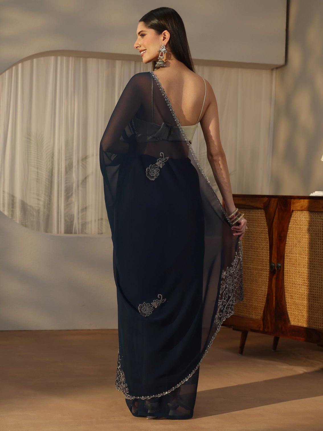 Mameraa Teal Blue Floral Embellished Georgette Saree