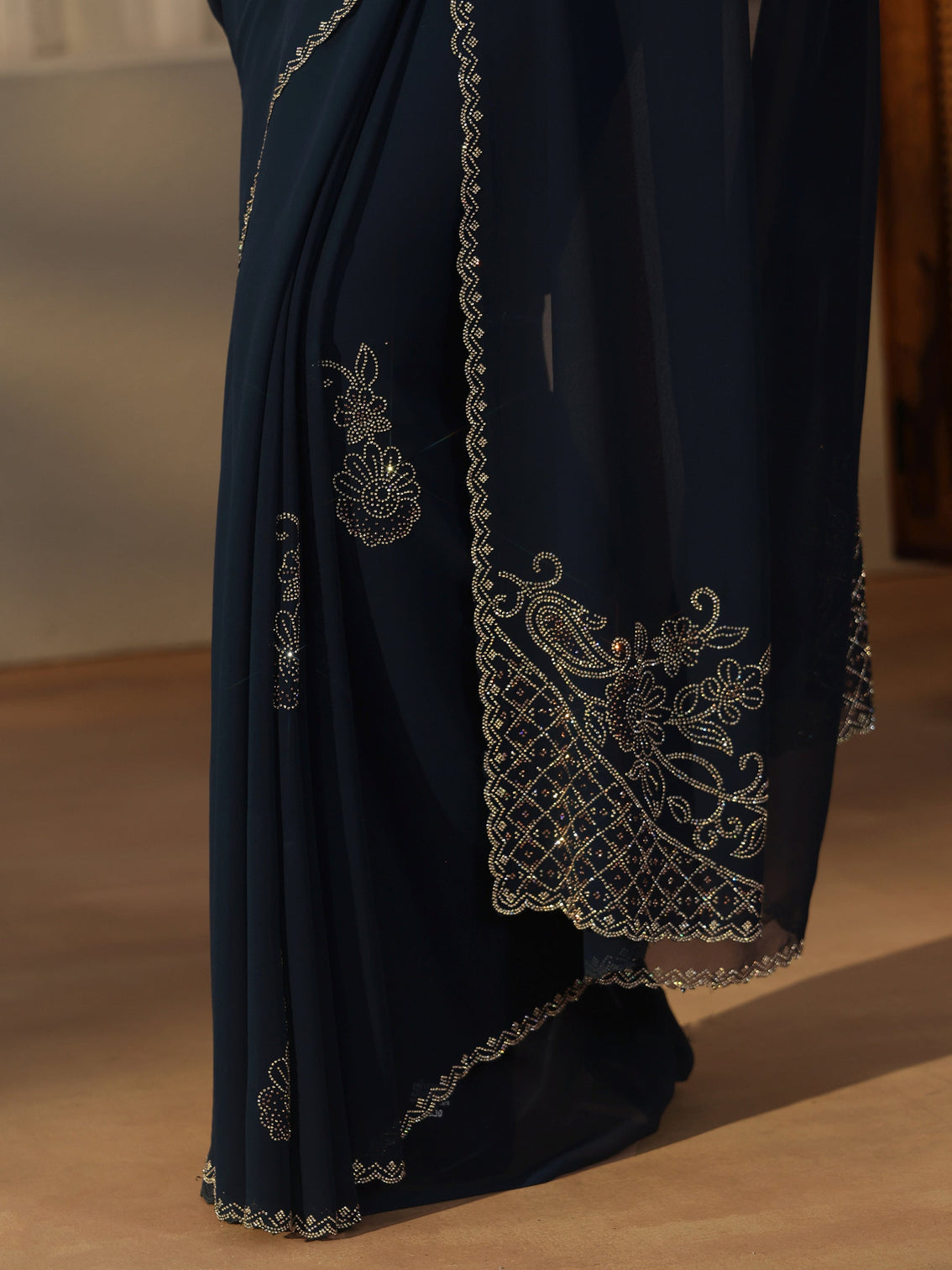 Mameraa Teal Blue Floral Embellished Georgette Saree