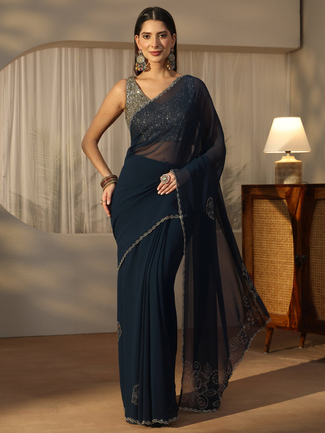 Mameraa Navy Blue Floral Embellished Georgette Saree
