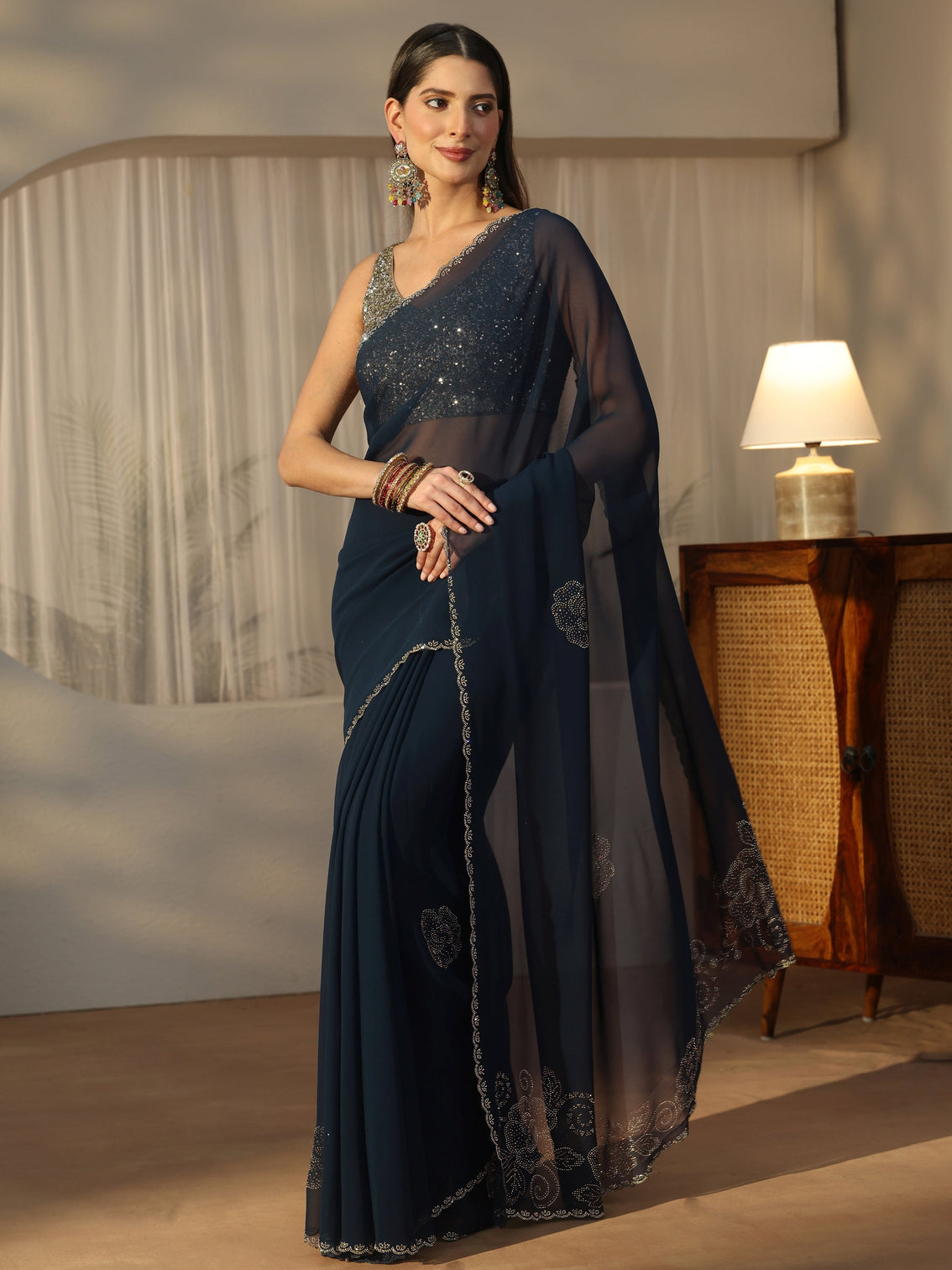 Mameraa Navy Blue Floral Embellished Georgette Saree