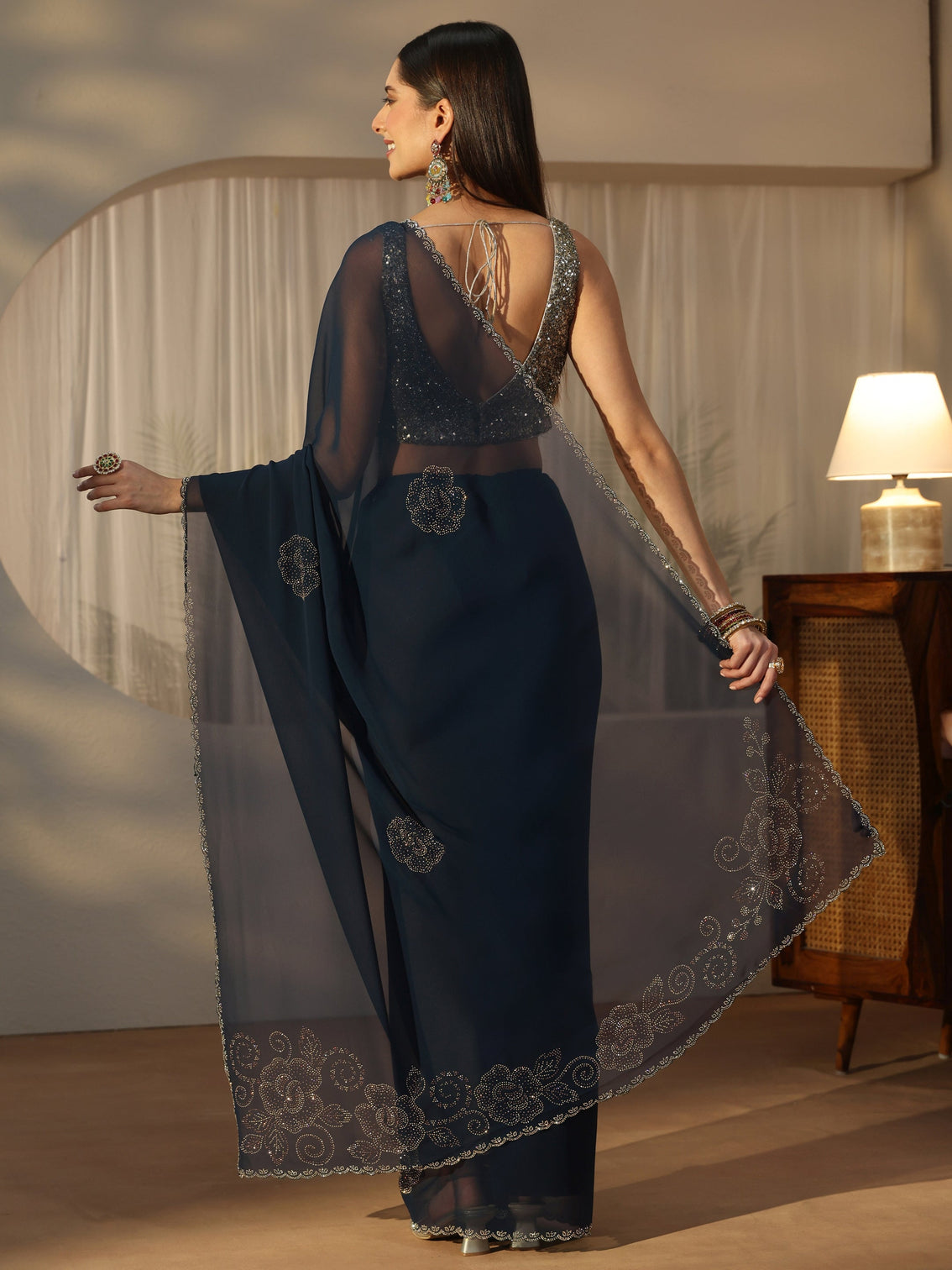 Mameraa Navy Blue Floral Embellished Georgette Saree