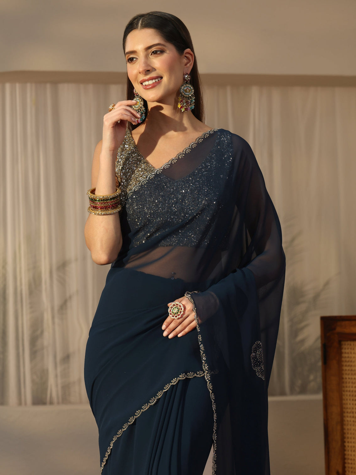 Mameraa Navy Blue Floral Embellished Georgette Saree