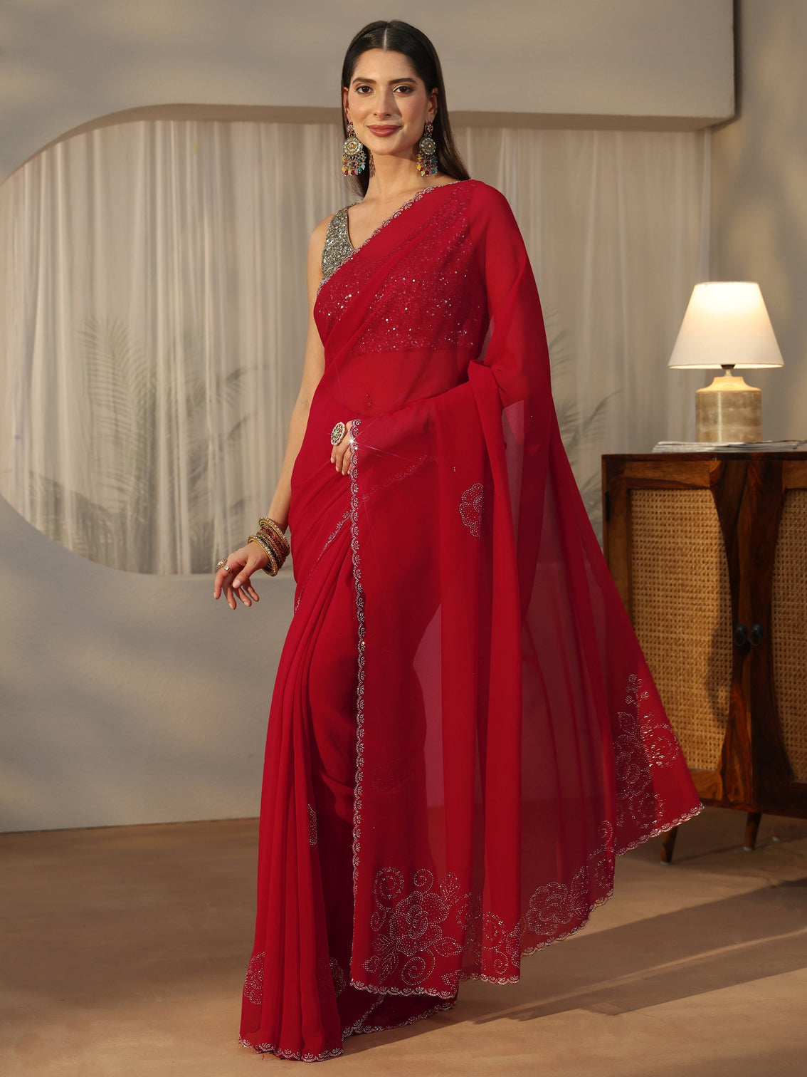 Mameraa Ruby Red Floral Embellished Georgette Saree