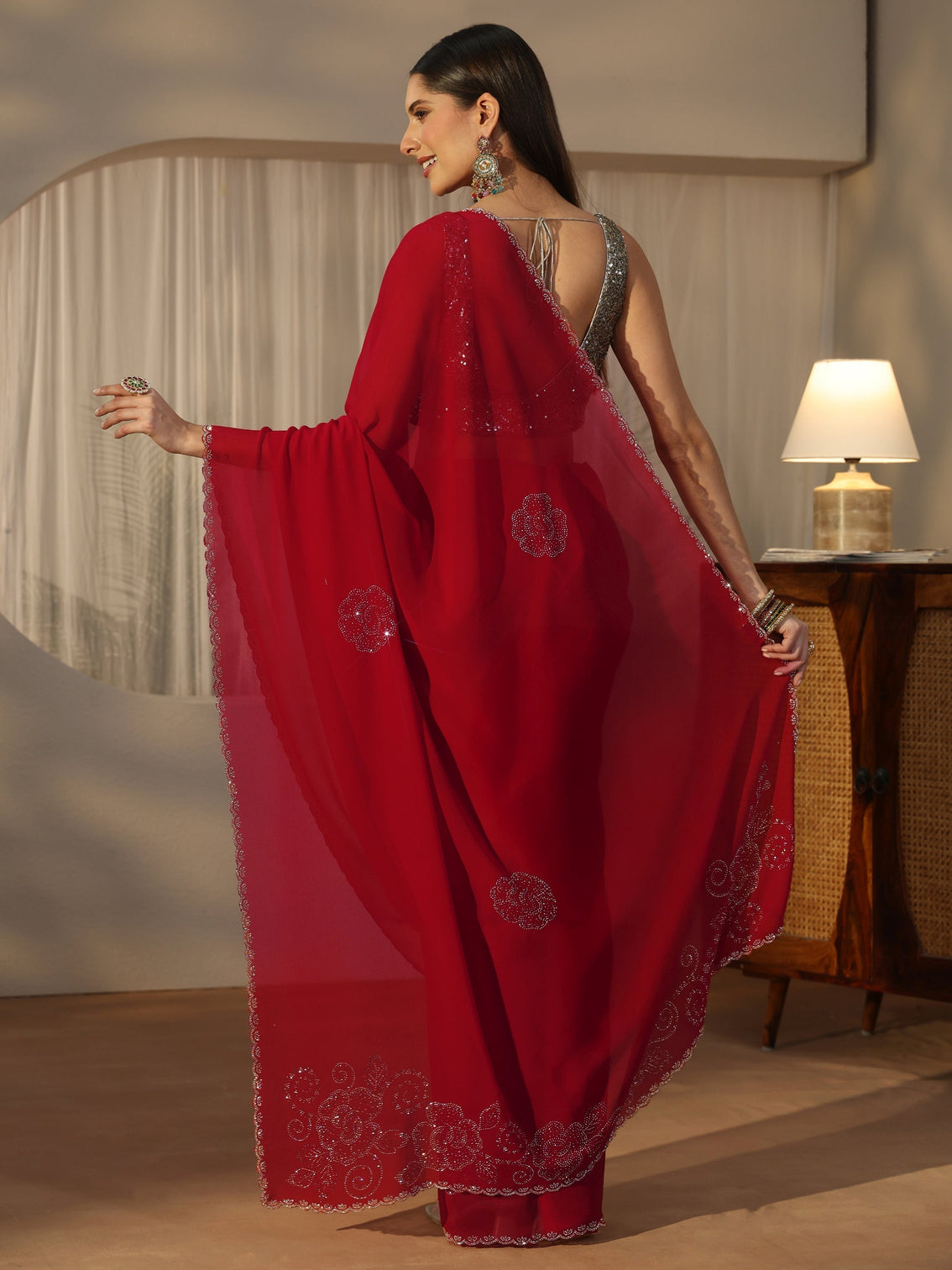 Mameraa Ruby Red Floral Embellished Georgette Saree