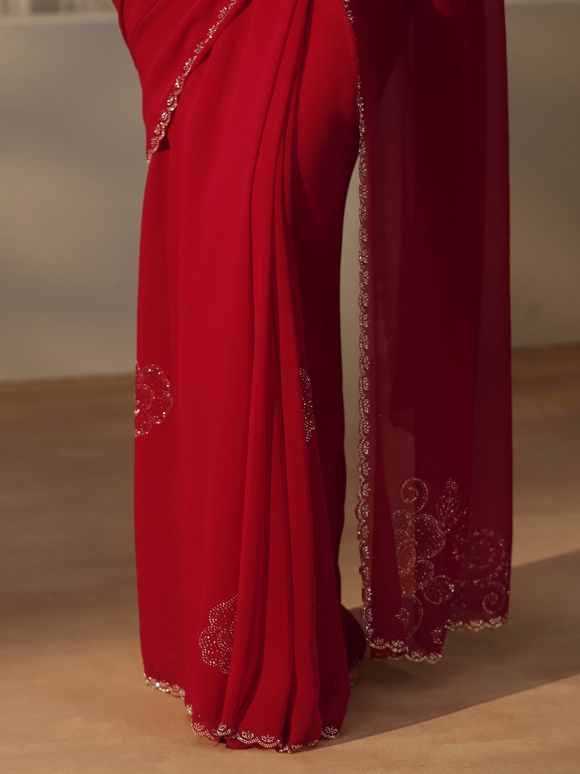 Mameraa Ruby Red Floral Embellished Georgette Saree