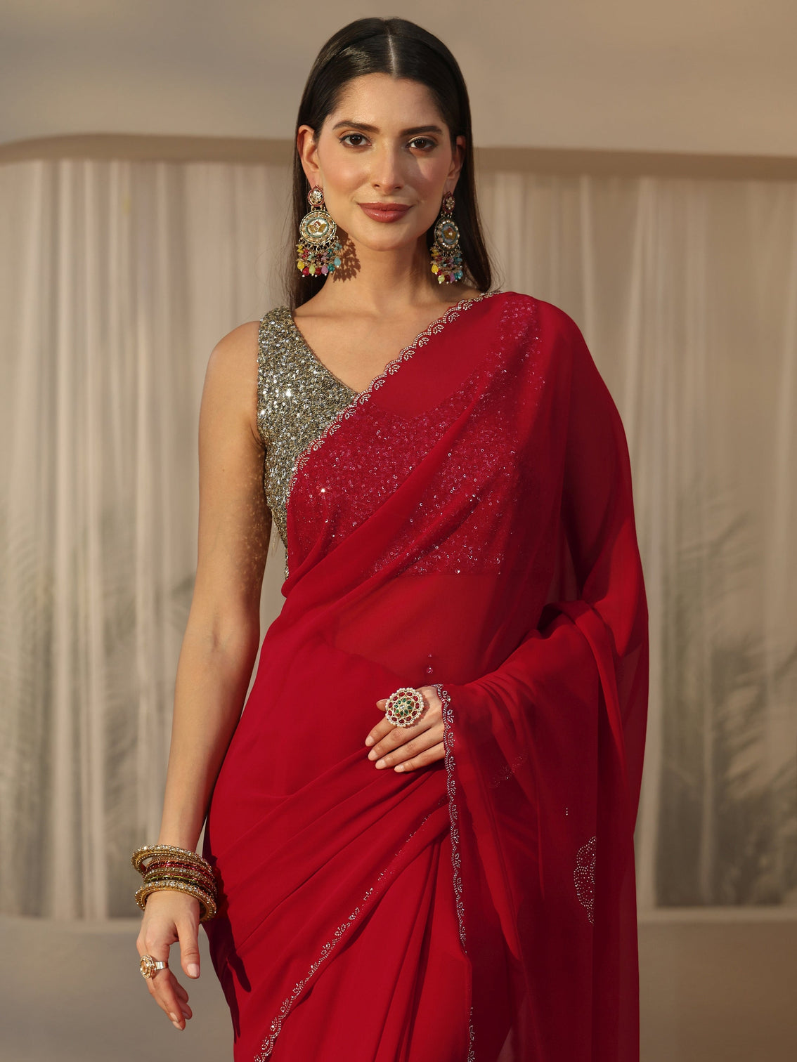 Mameraa Ruby Red Floral Embellished Georgette Saree
