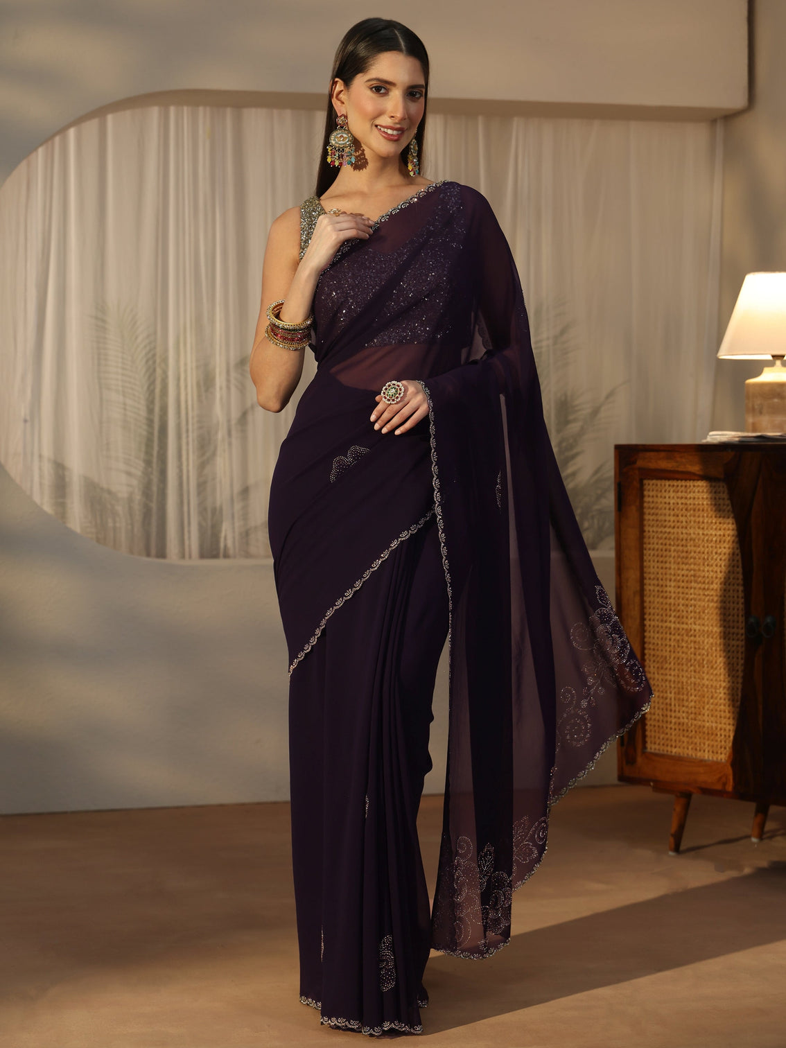 Mameraa Plum Purple Floral Embellished Georgette Saree