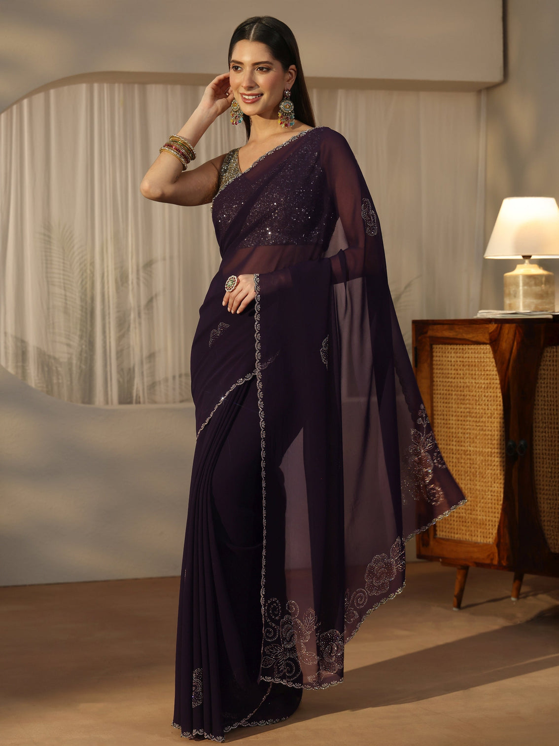Mameraa Plum Purple Floral Embellished Georgette Saree