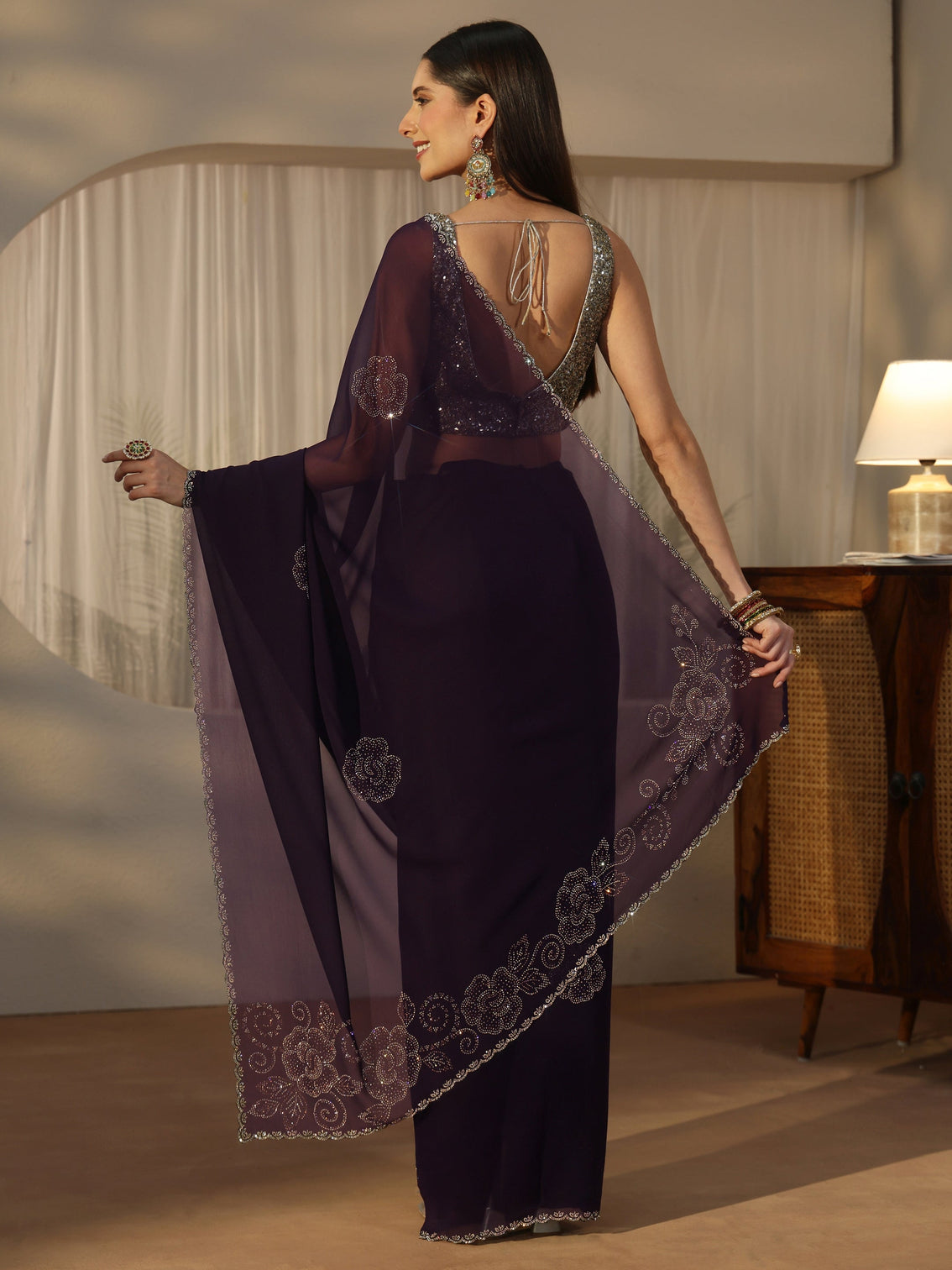 Mameraa Plum Purple Floral Embellished Georgette Saree