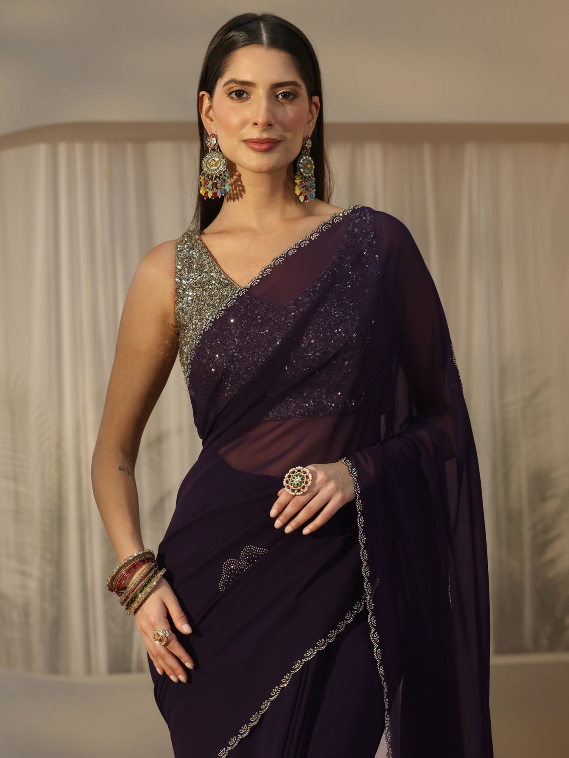 Mameraa Plum Purple Floral Embellished Georgette Saree