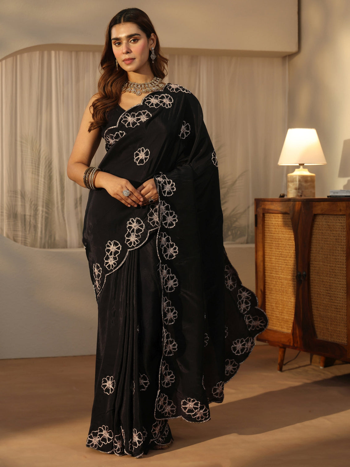 Mameraa Black Floral Embellished Satin Saree with Scalloped Border