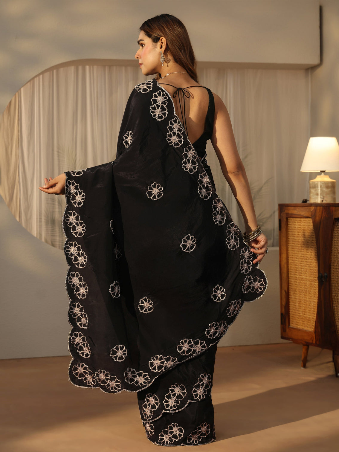 Mameraa Black Floral Embellished Satin Saree with Scalloped Border