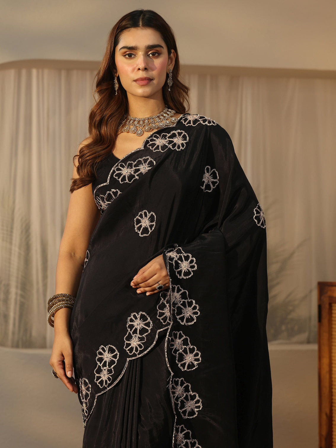 Mameraa Black Floral Embellished Satin Saree with Scalloped Border