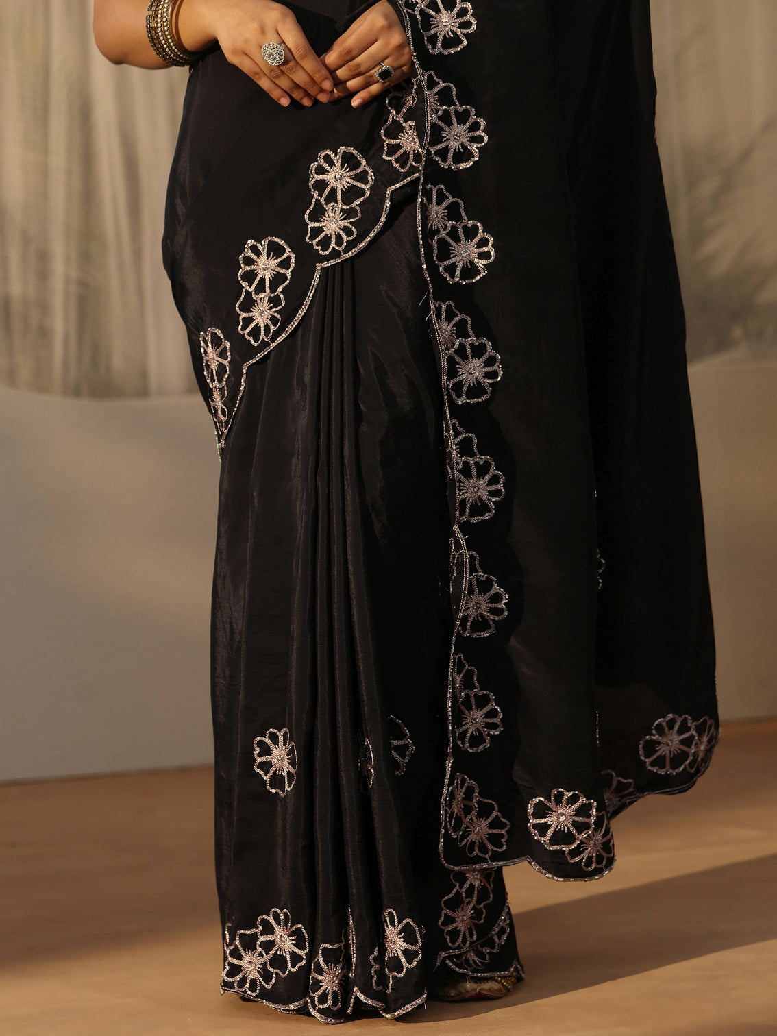 Mameraa Black Floral Embellished Satin Saree with Scalloped Border
