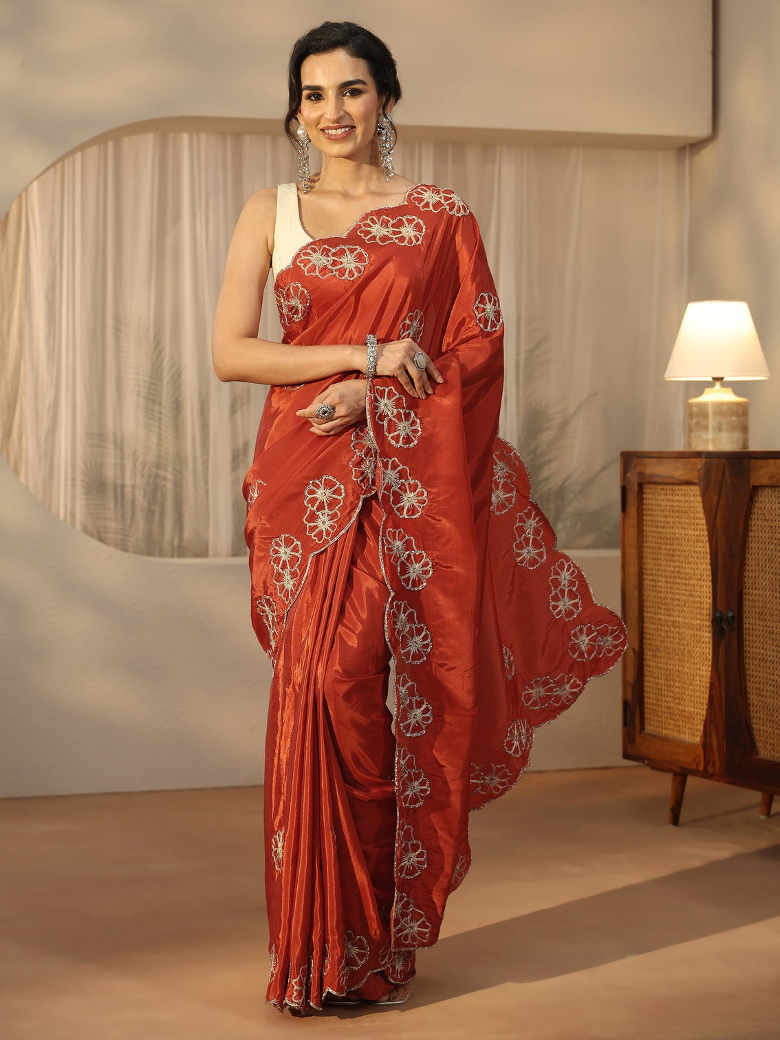 Mameraa Rust Brown Floral Embellished Satin Saree with Scalloped Border