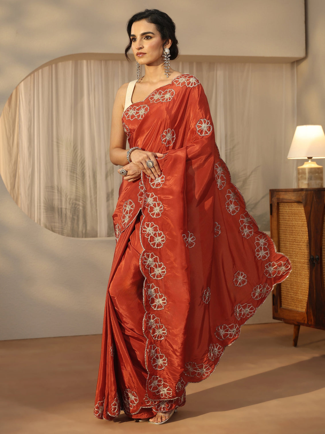 Mameraa Rust Brown Floral Embellished Satin Saree with Scalloped Border