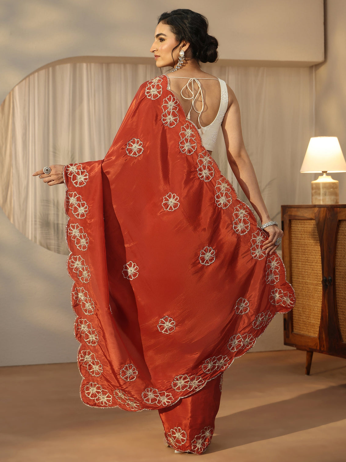 Mameraa Rust Brown Floral Embellished Satin Saree with Scalloped Border