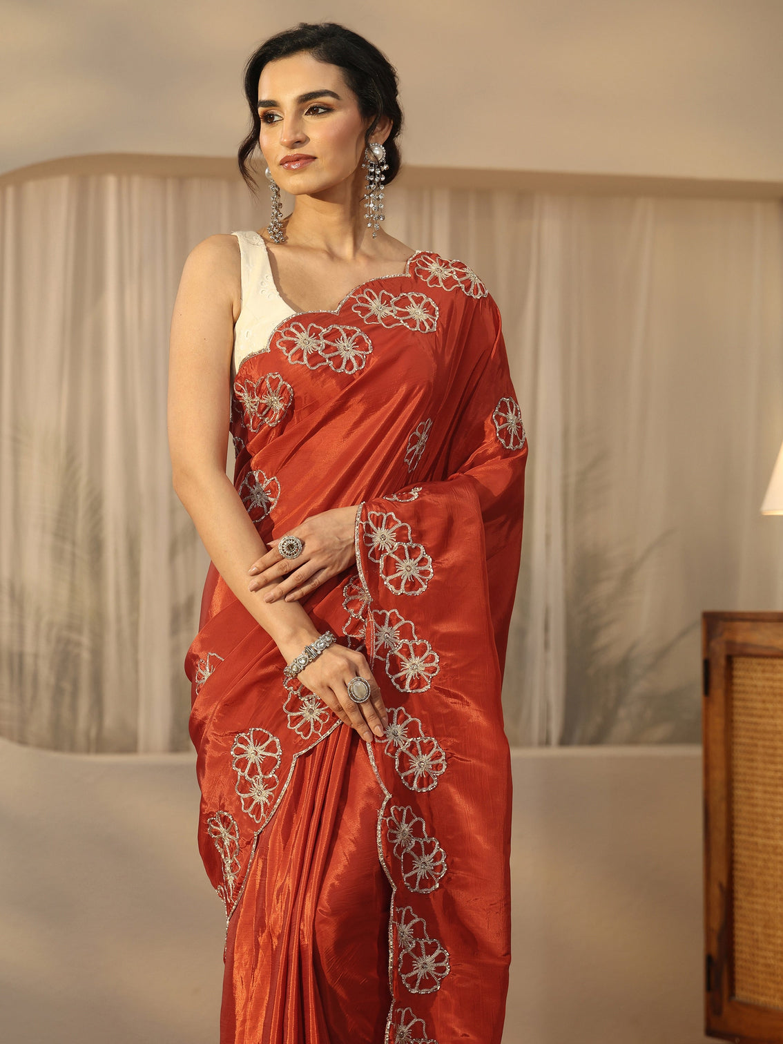 Mameraa Rust Brown Floral Embellished Satin Saree with Scalloped Border