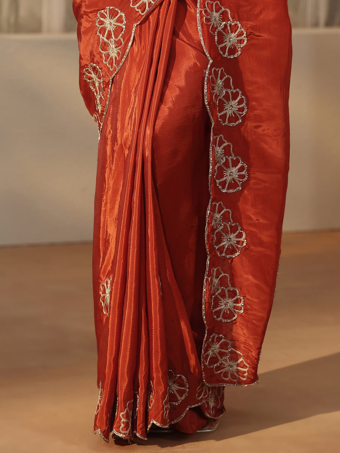 Mameraa Rust Brown Floral Embellished Satin Saree with Scalloped Border