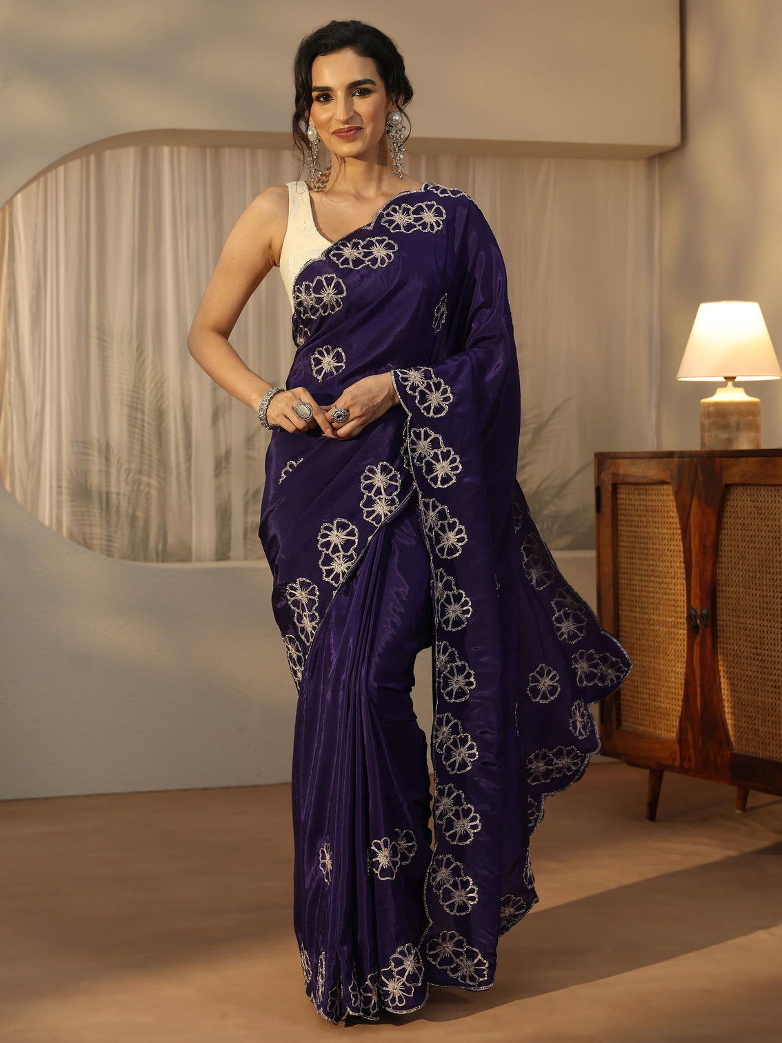 Mameraa Imperial Purple Floral Embellished Satin Saree with Scalloped Border