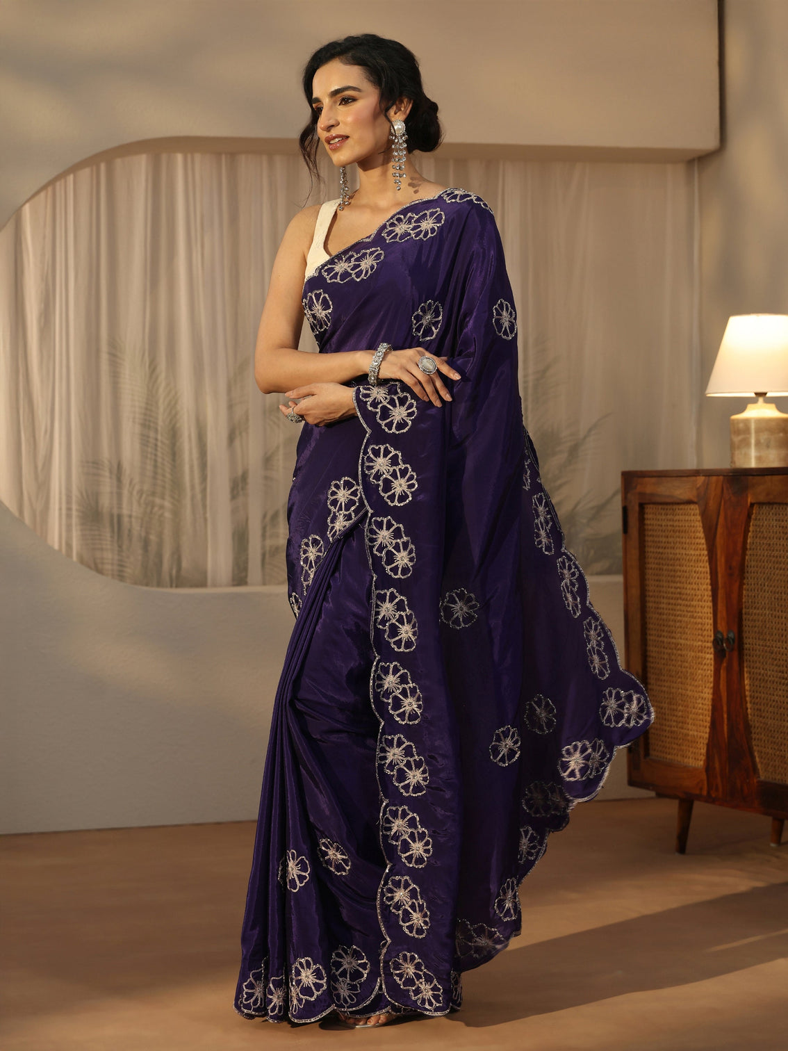 Mameraa Imperial Purple Floral Embellished Satin Saree with Scalloped Border