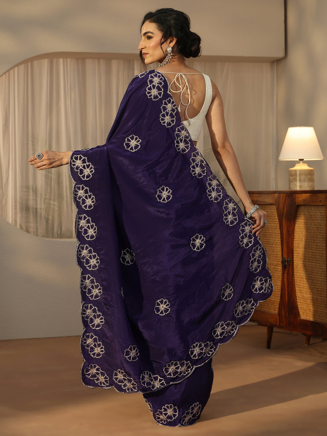 Mameraa Imperial Purple Floral Embellished Satin Saree with Scalloped Border