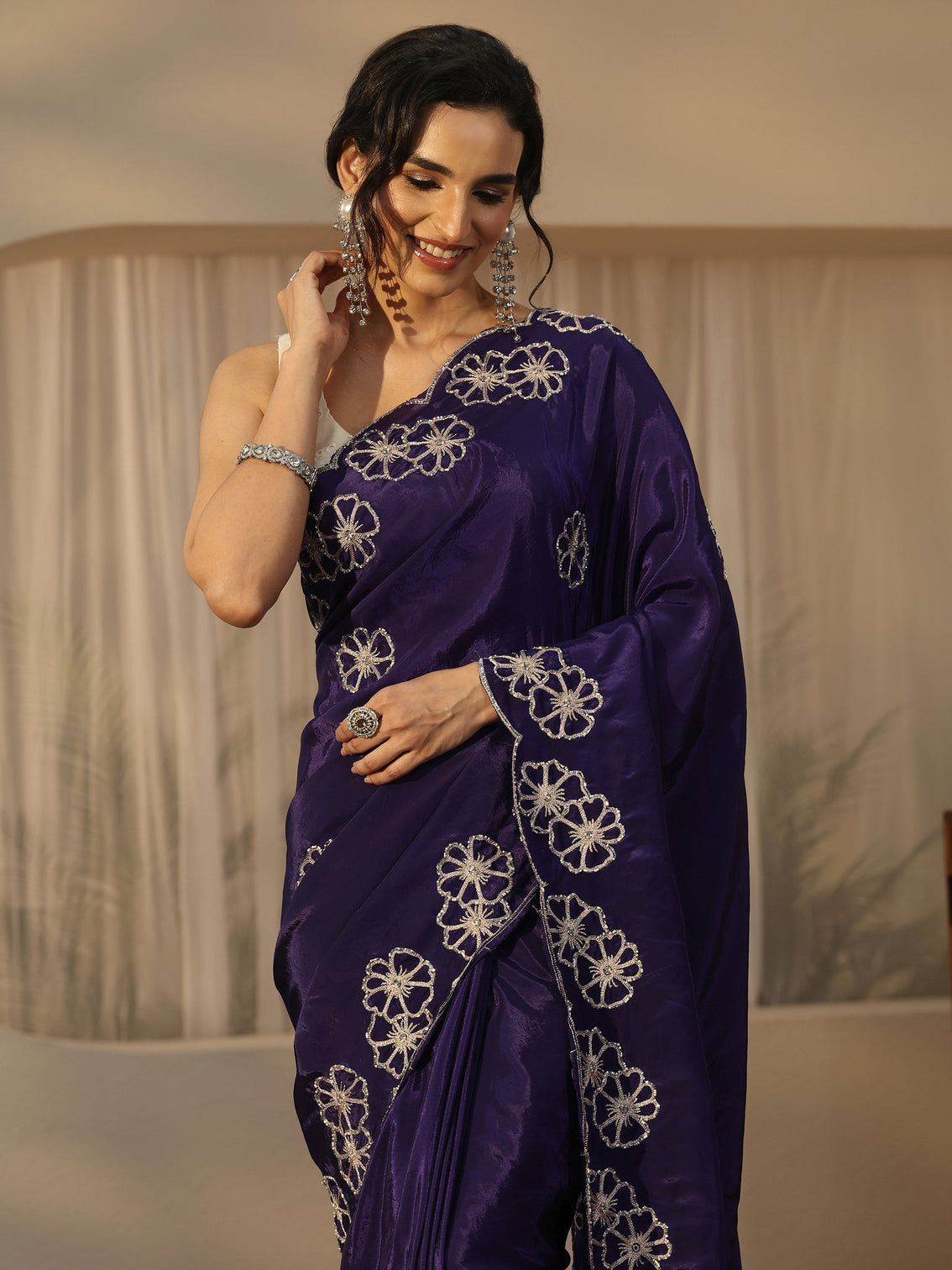 Mameraa Imperial Purple Floral Embellished Satin Saree with Scalloped Border