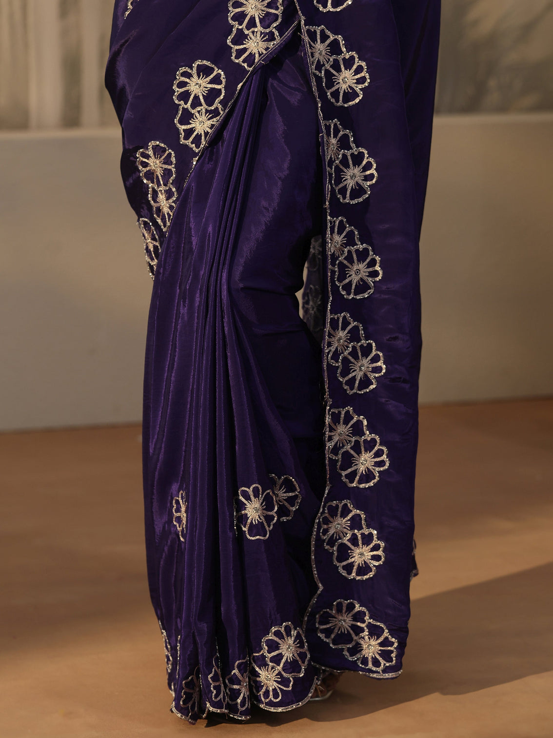 Mameraa Imperial Purple Floral Embellished Satin Saree with Scalloped Border