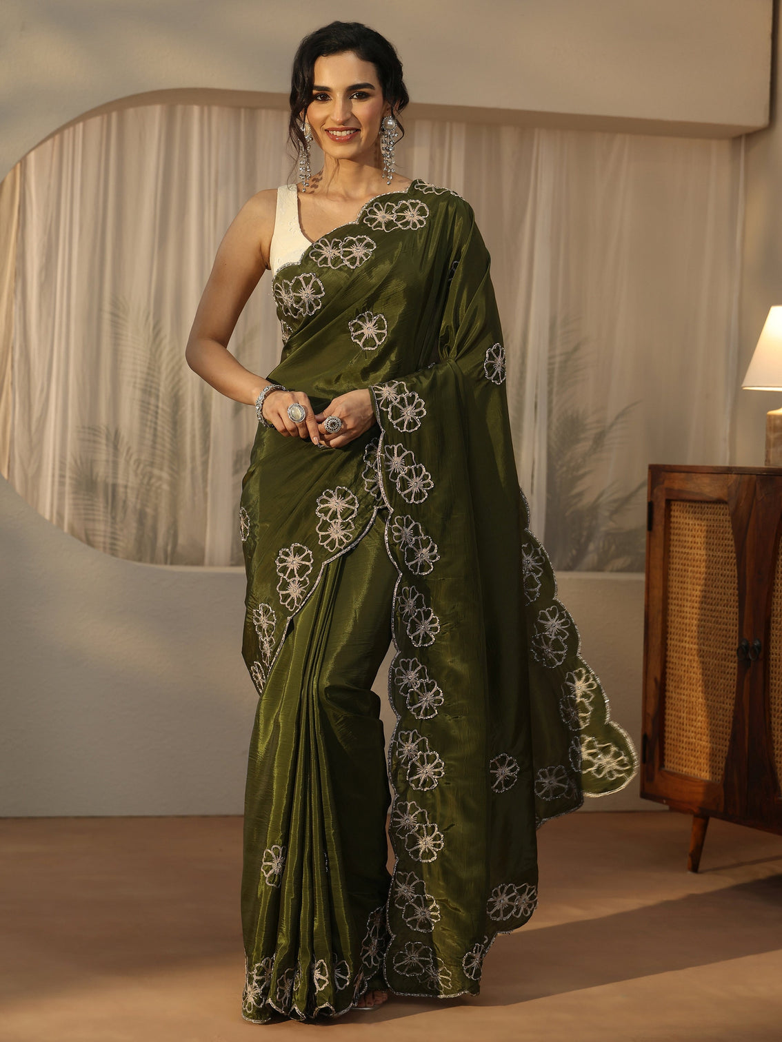 Mameraa Henna Green Floral Embellished Satin Saree with Scalloped Border