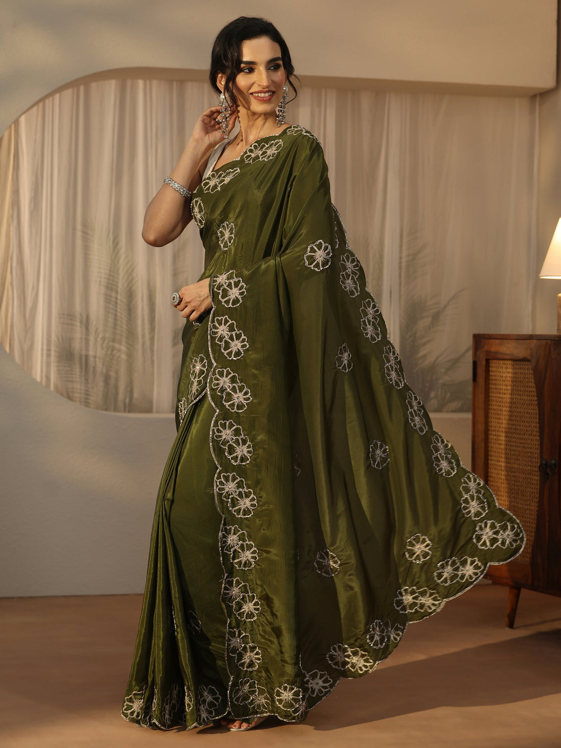 Mameraa Henna Green Floral Embellished Satin Saree with Scalloped Border