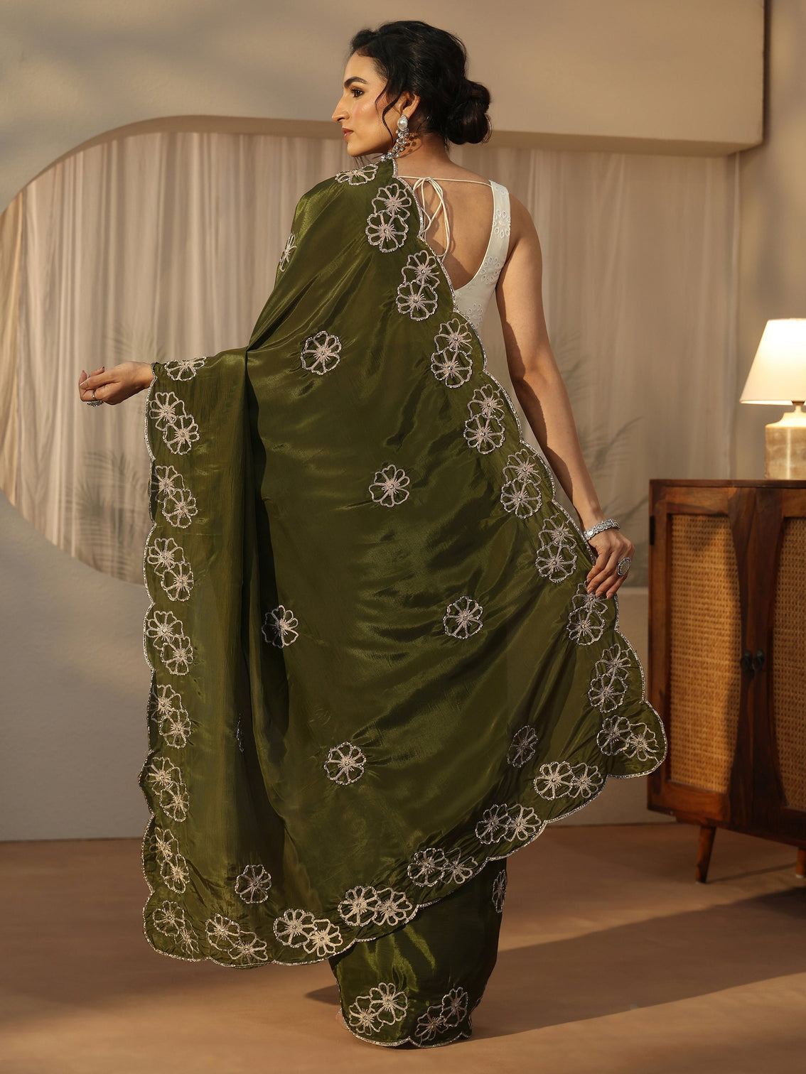Mameraa Henna Green Floral Embellished Satin Saree with Scalloped Border