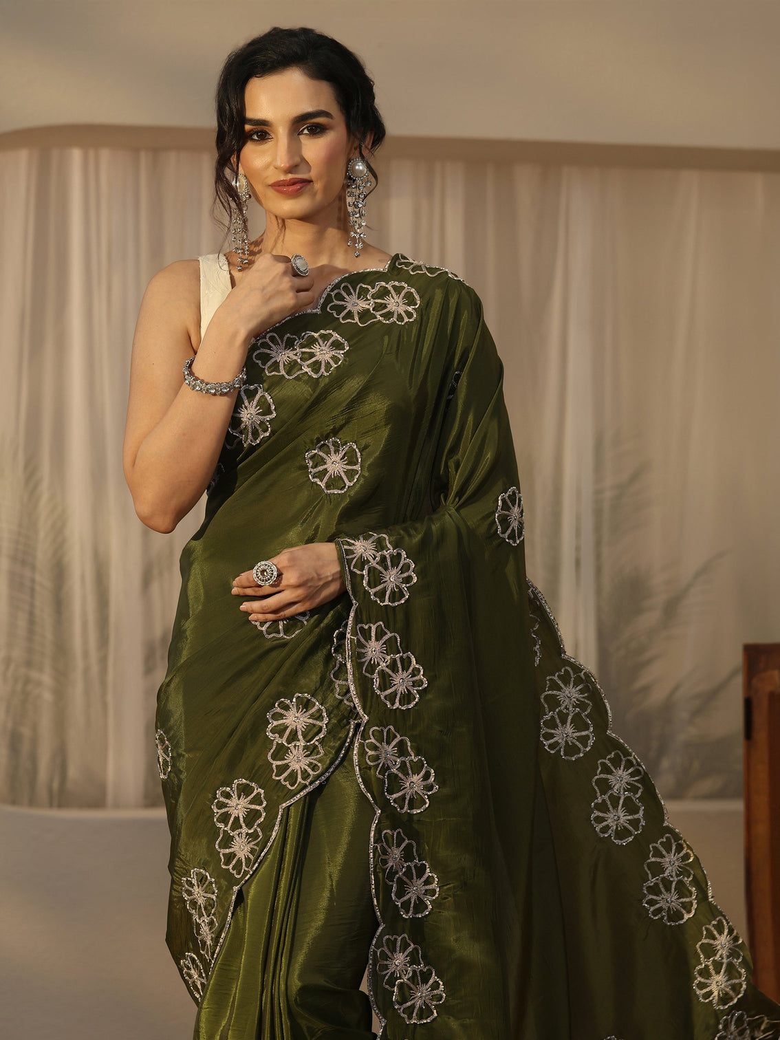Mameraa Henna Green Floral Embellished Satin Saree with Scalloped Border