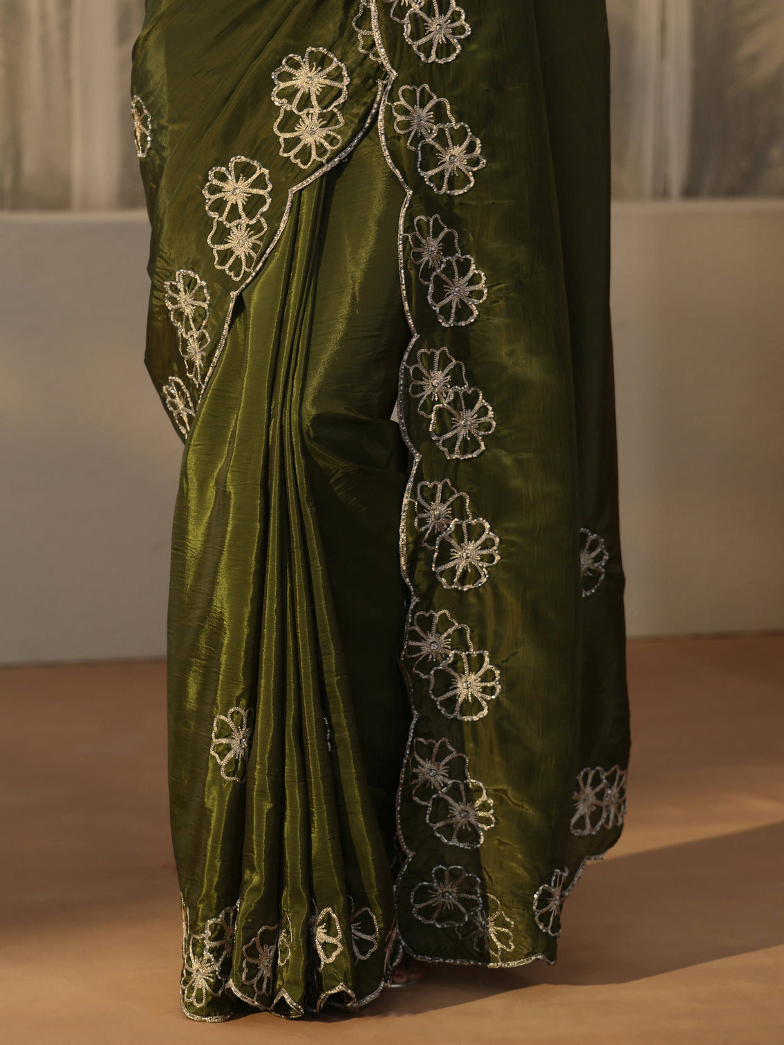 Mameraa Henna Green Floral Embellished Satin Saree with Scalloped Border