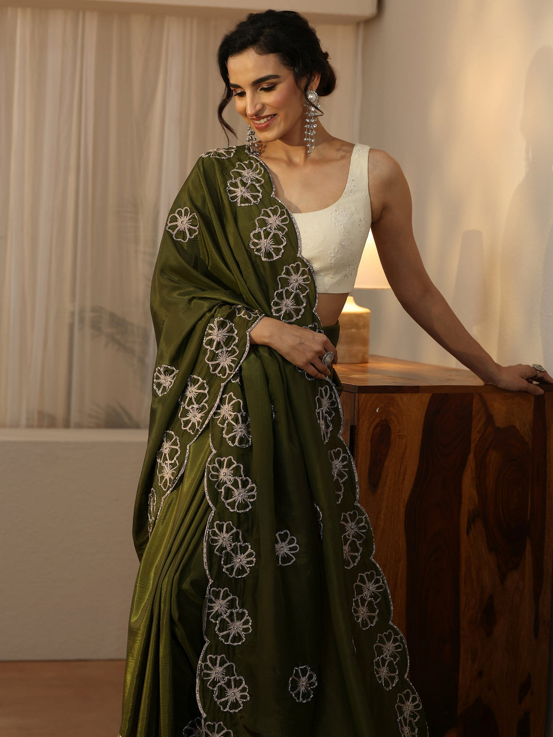 Mameraa Henna Green Floral Embellished Satin Saree with Scalloped Border